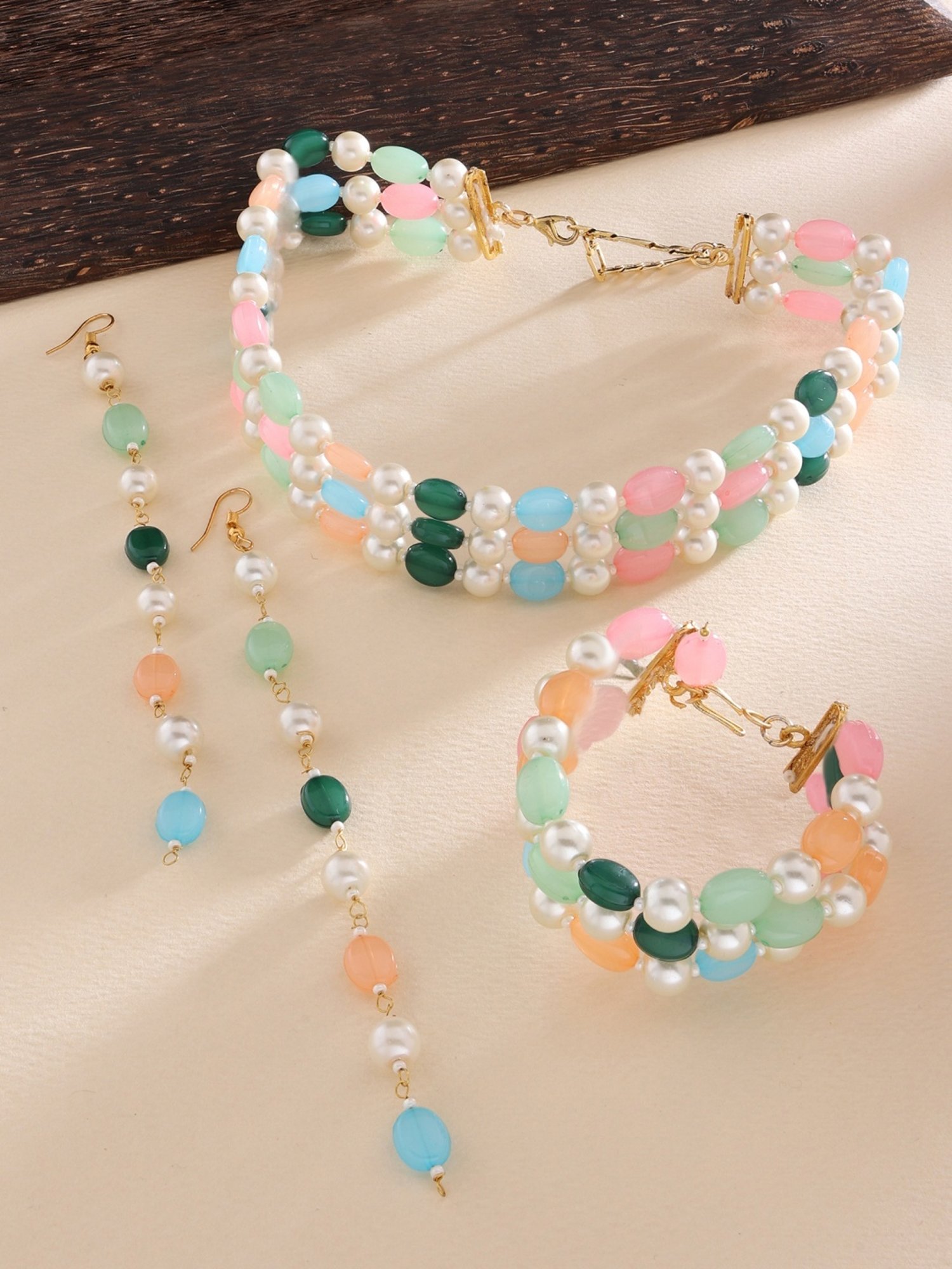 Zaveri Pearls Multicolor Multi Strands Beaded Choker Necklace Earring & Bracelet Set-ZPFK13761