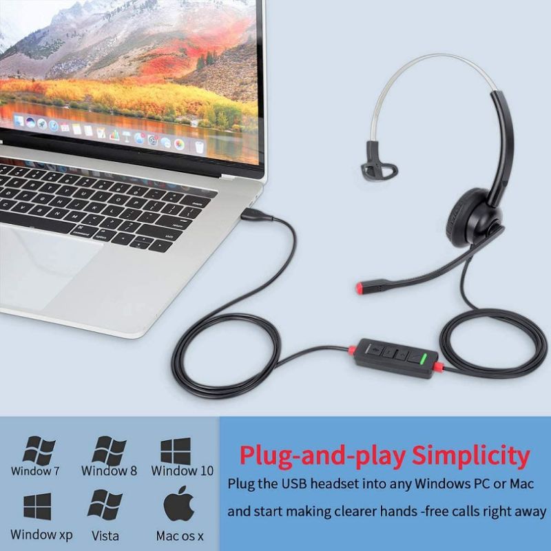USB Headset with Microphone Noise Cancelling PC Headset Wired Headphone for for Skype Webinar Softphone Call Center Office On Courses