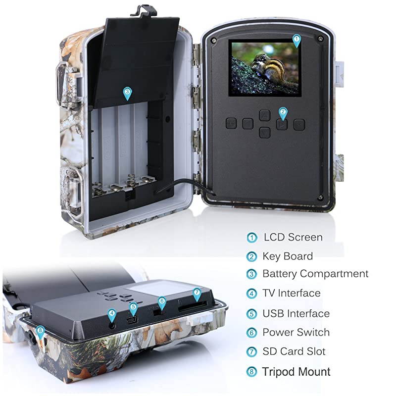 Trail Game Camera 16MP 1080P HD IP65 with Night Vision Motion Activated 110 20m Detection Range Hunting Scouting Cam Trigger Time 06s Wildlife Monitoring with 24 LCD IR LEDs for Outdoor