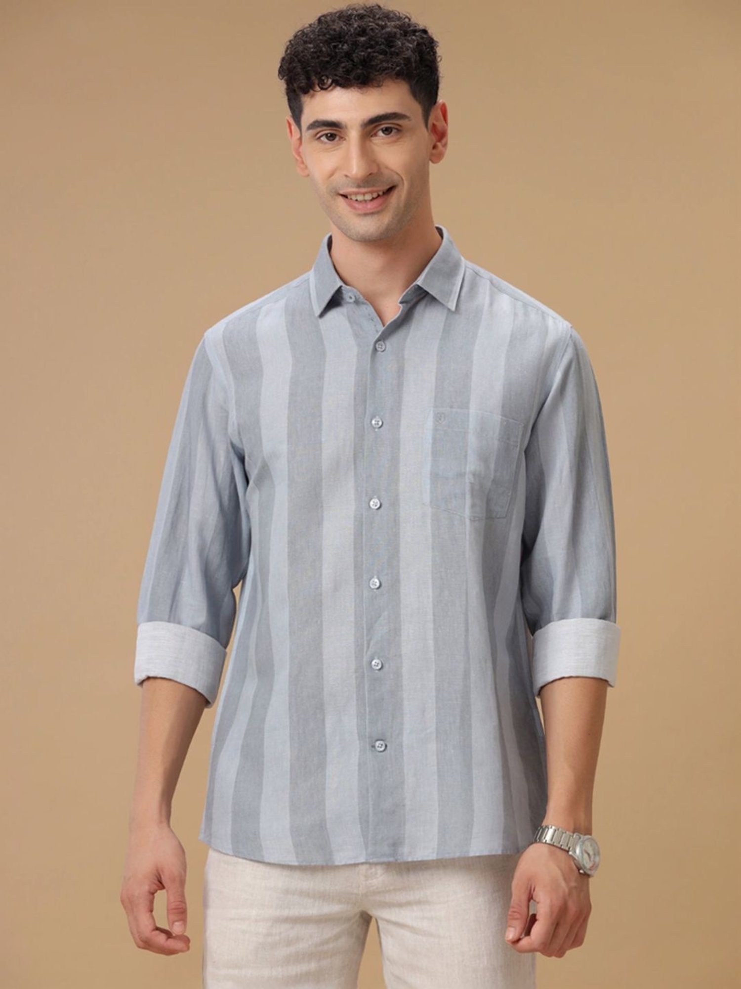 Linen Club Grey Contemporary Fit Striped Shirt