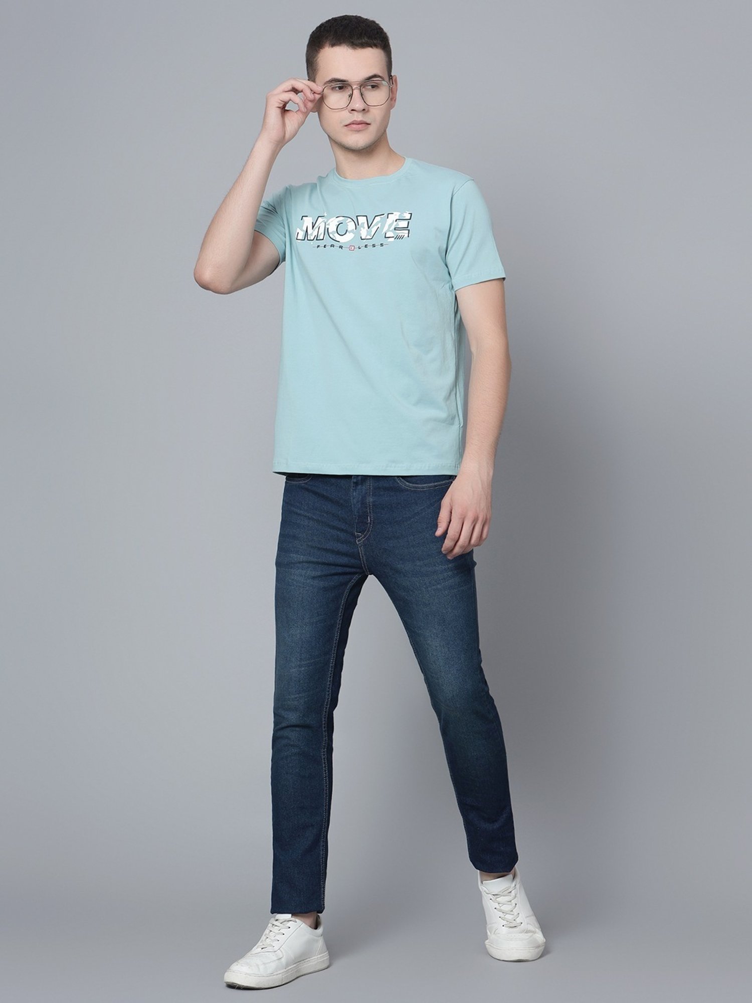 Cantabil Light Teal Cotton Regular Fit Printed T-Shirt