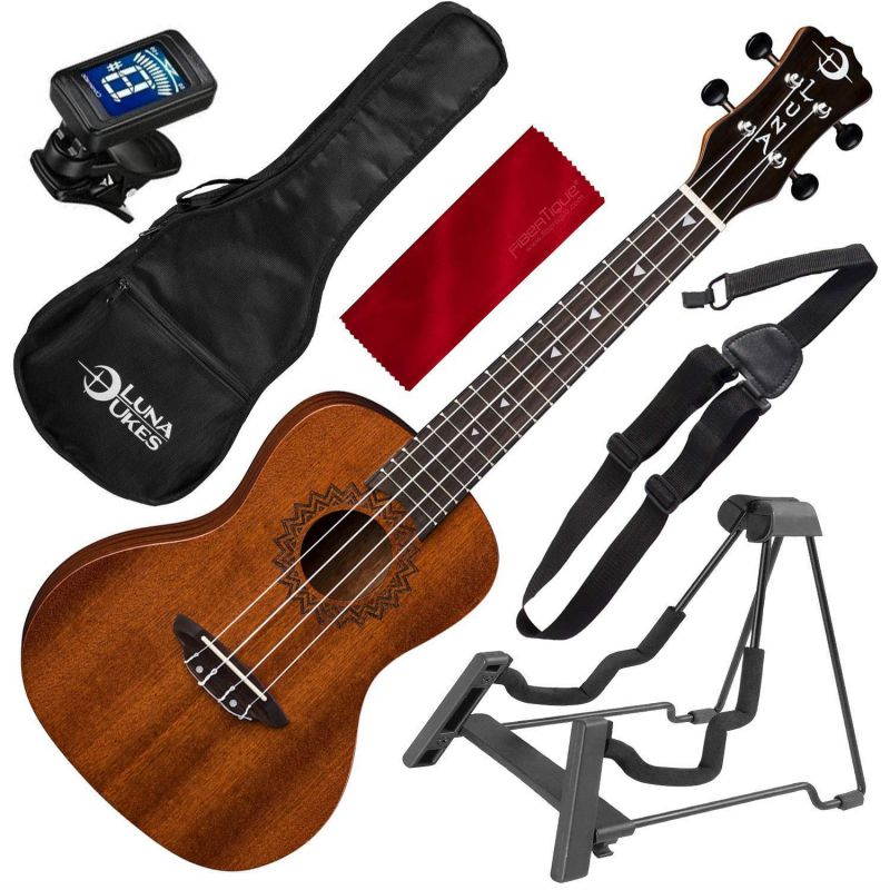 Luna Uke Vintage Mahogany Concert Acoustic Ukulele with Instrument Stand, Ukulele Strap, and Microfiber Cloth
