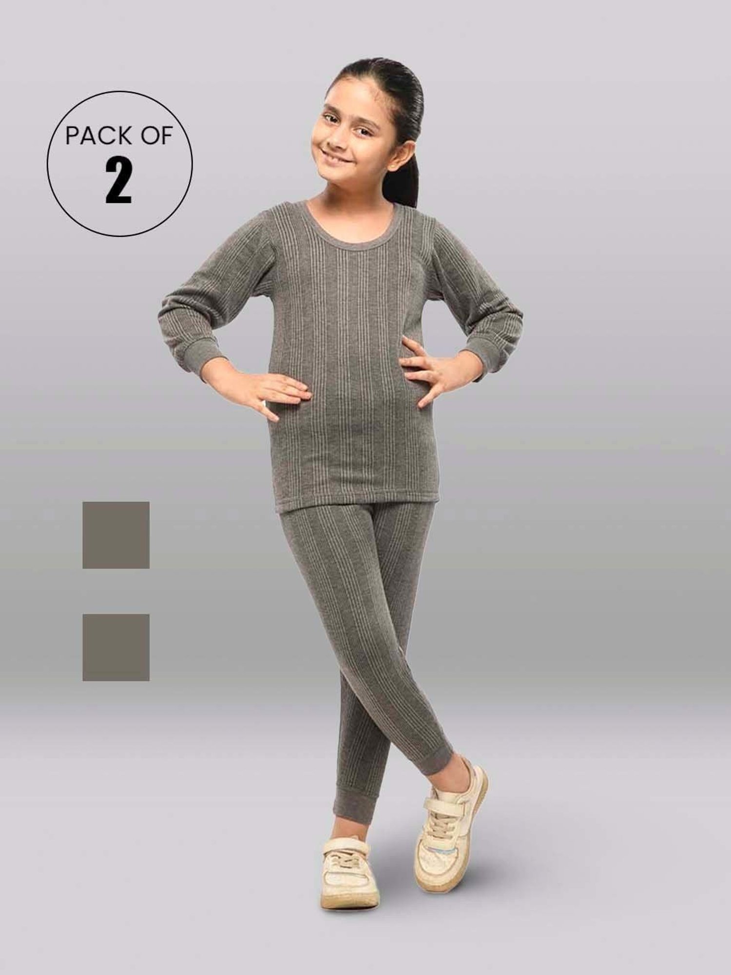 Dyca Kids Grey Melange Textured Thermal Top (Pack Of 2)