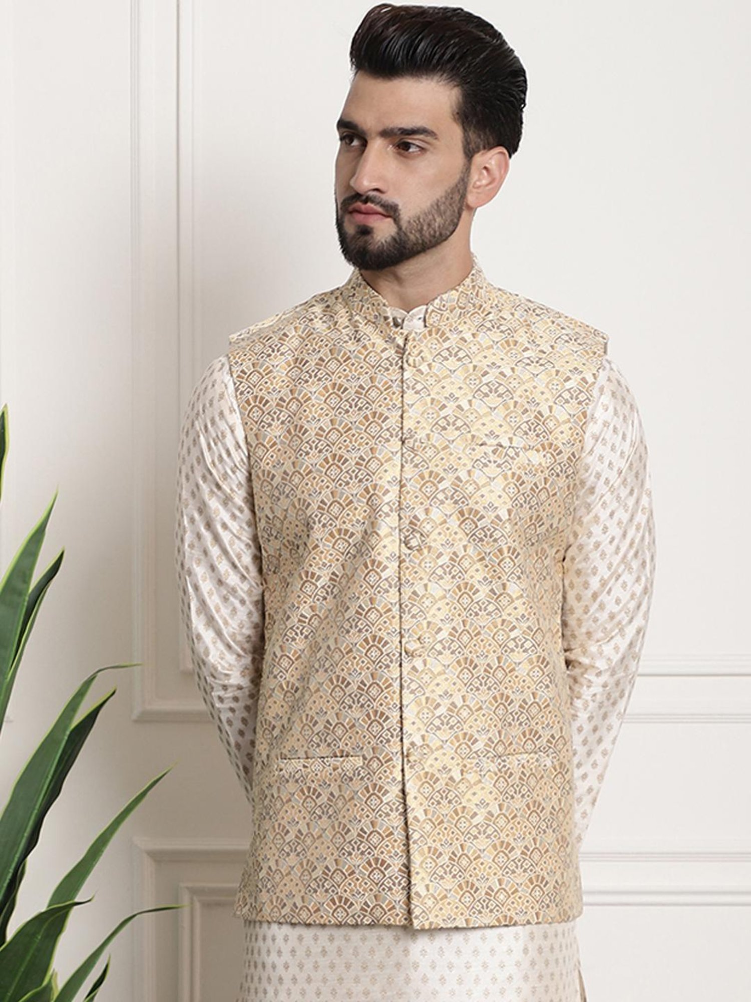 Sojanya Gold Regular Fit Self Pattern Nehru Jacket