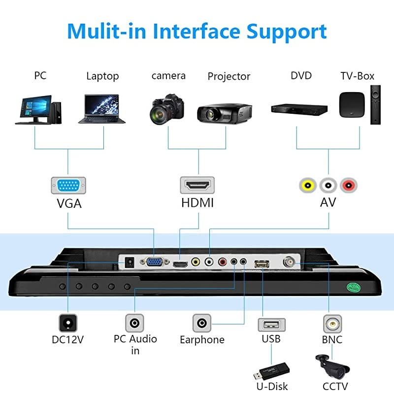 17" Inch Monitor 1280x1024 HDMI Monitor 4:3 TFT LCD Color Screen with BNC/VGA/AV/HDMI/USB Earphone Outputfor PC Laptop Security Monitoring Built-in Speaker