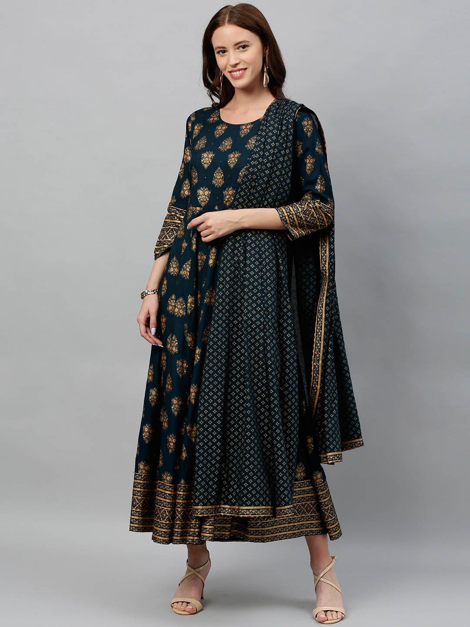 Kipek Teal Rayon Printed Anarkali Kurta with Dupatta