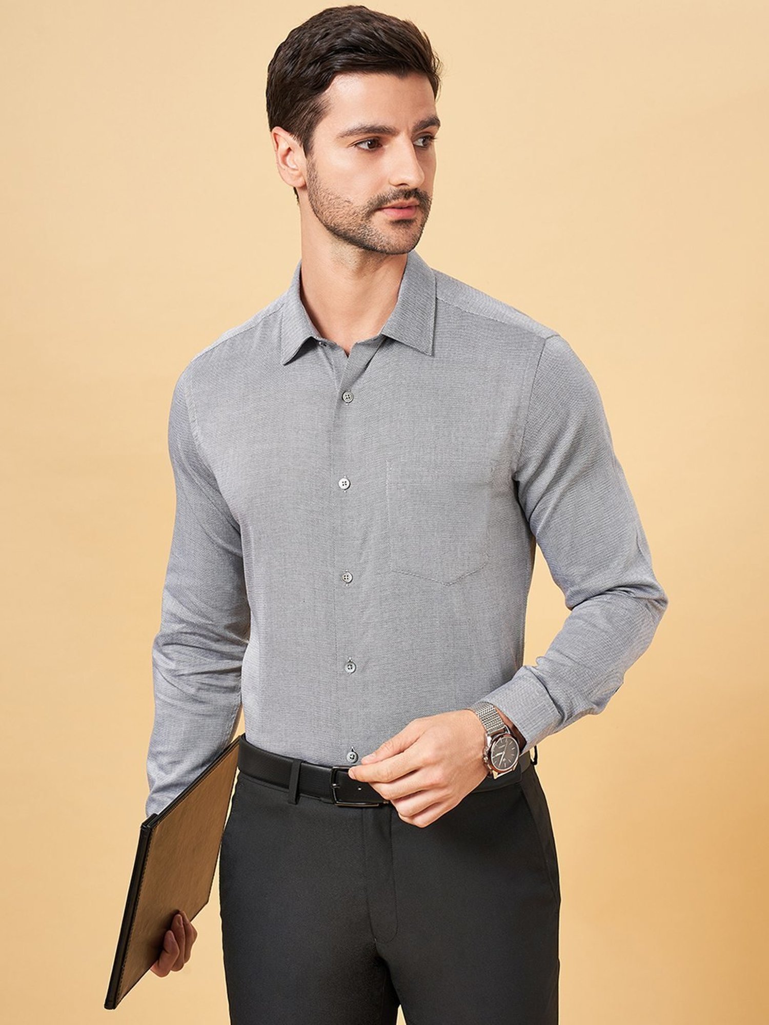 Peregrine by Pantaloons Light Grey Cotton Slim Fit Texture Shirt