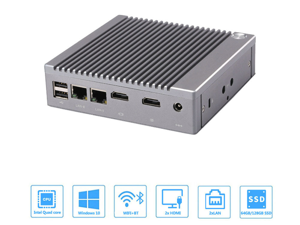 Desktop Computer Fanless Mini PC Windows 10 OEM/Linux with Intel Celeron N2940 Quad Core CPU, Dual Lan, Dual HD Port, 8G RAM 128G SSD