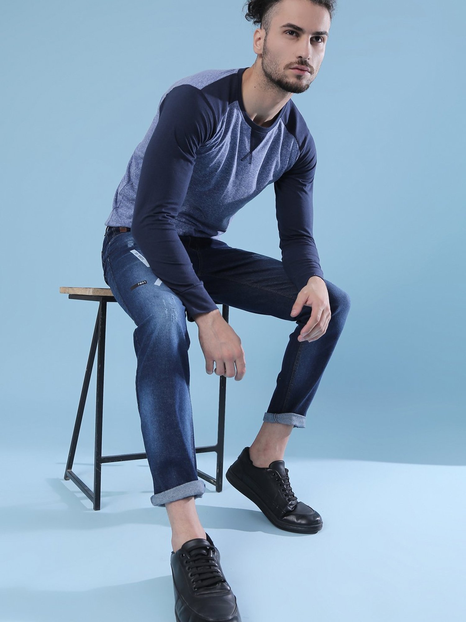 Campus Sutra Denim Blue Full Sleeves T-Shirt