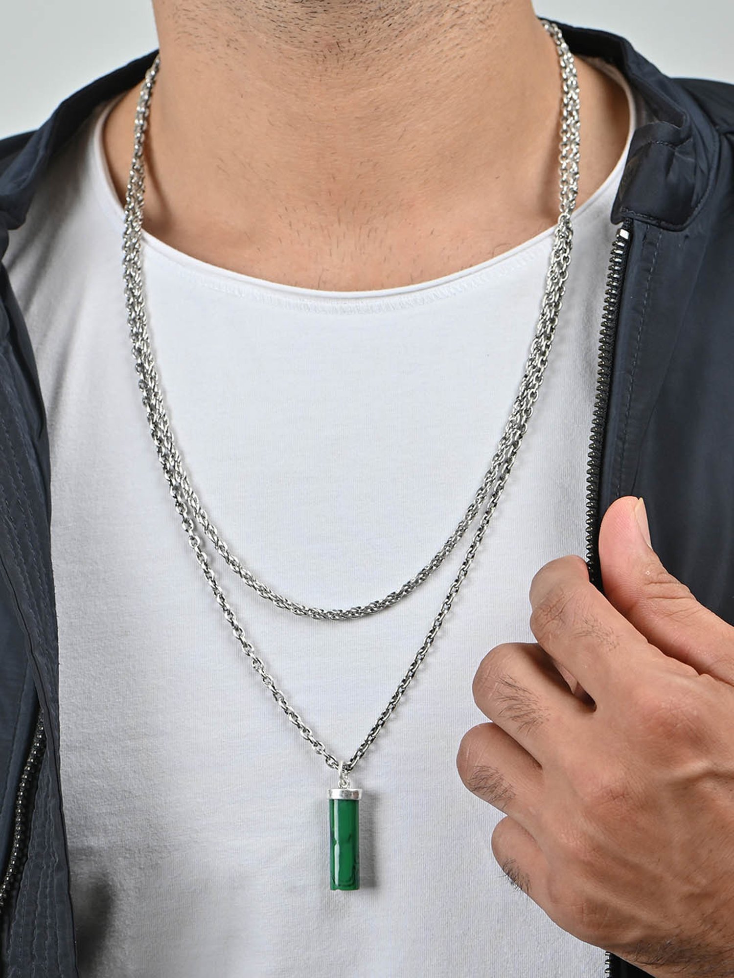 The Bro Code Silver & Dark Green Layered Charm Neckalce Chain for Men