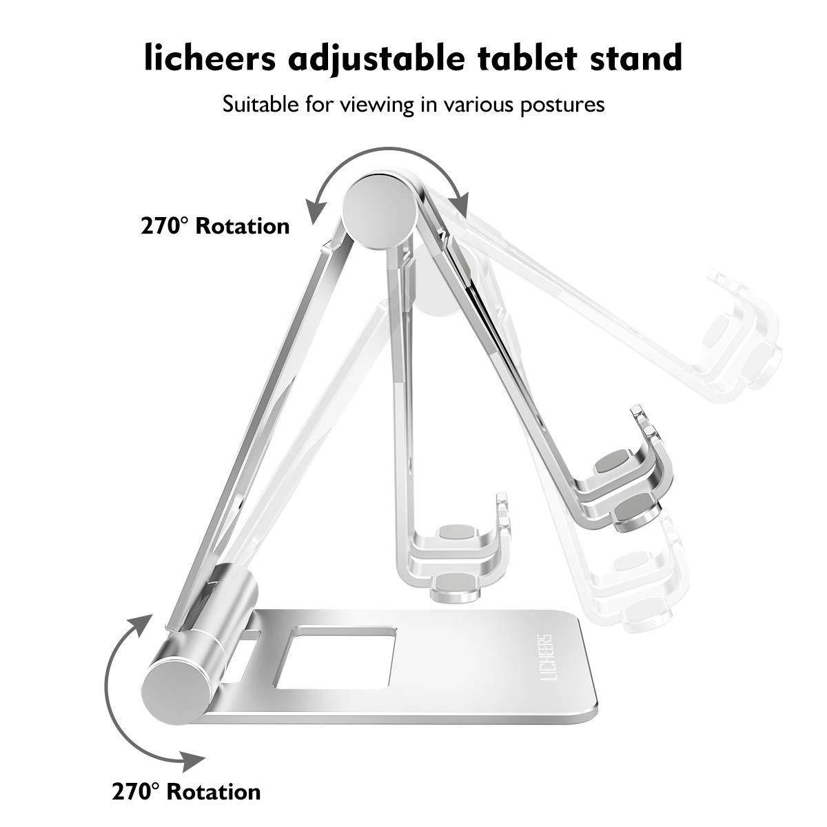 LICHEERS Aluminum Alloy Stand 270 Degree 2-axis Adjustable Foldable Holder Dock for 4-13 inch Cell Phones and Tablets