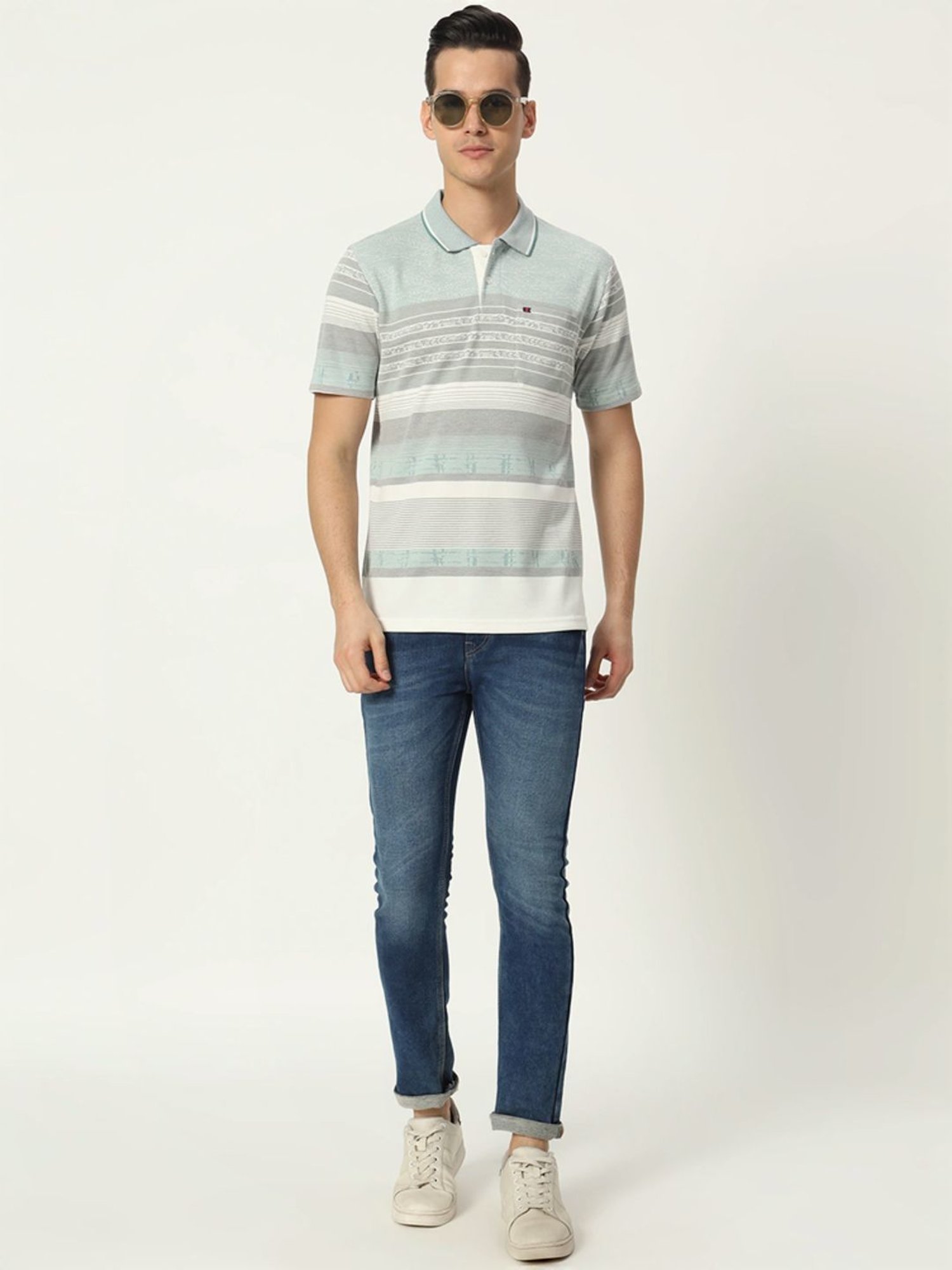 Tab91 Blue Regular Fit Striped Polo T-Shirts