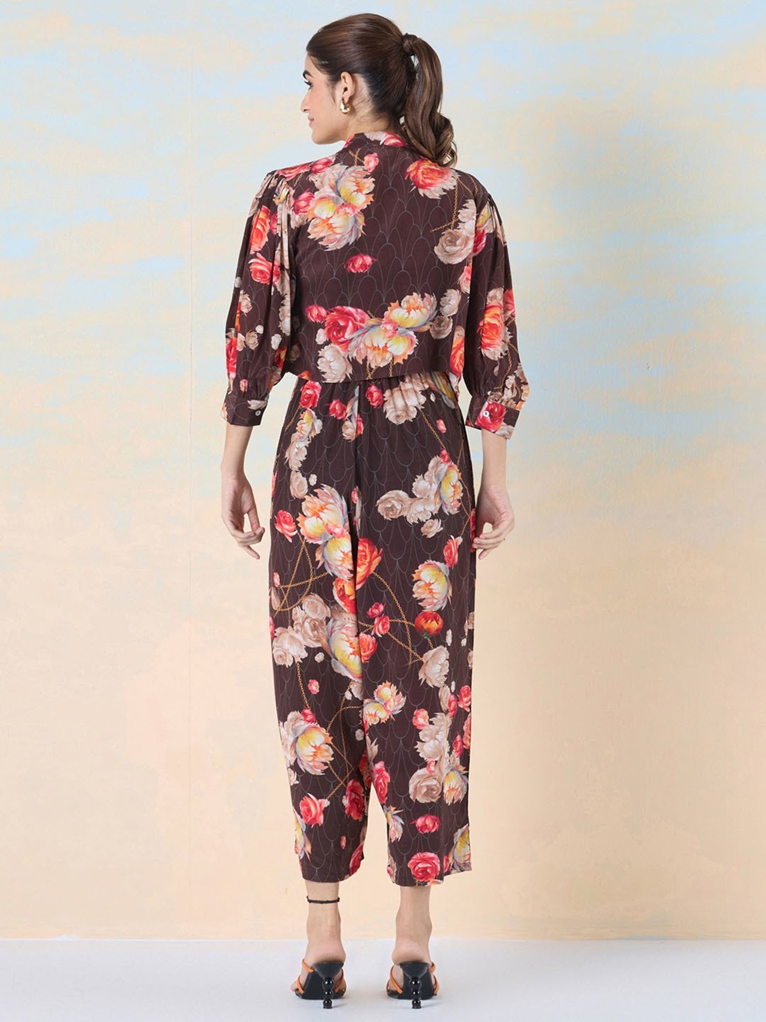 navyasa by liva Brown Floral Print Jumpsuit With Shirt