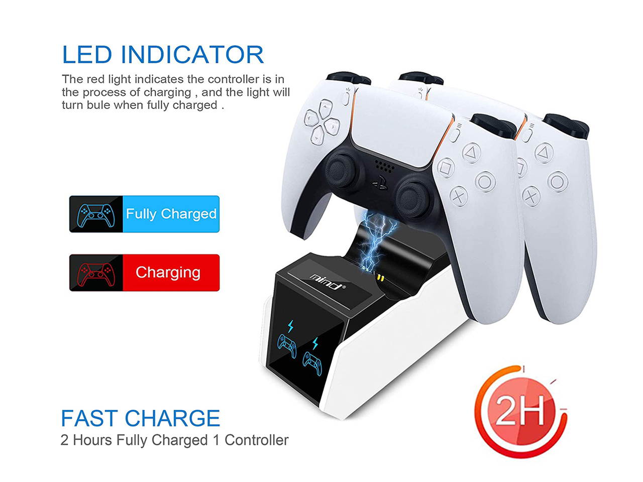 PS5 Controller Charger, Fast Dual Controller Charging Docking Station ,Charging Dock Stand with USB Type C Charge Cable for Dual Sony Playstation 5 Controllers