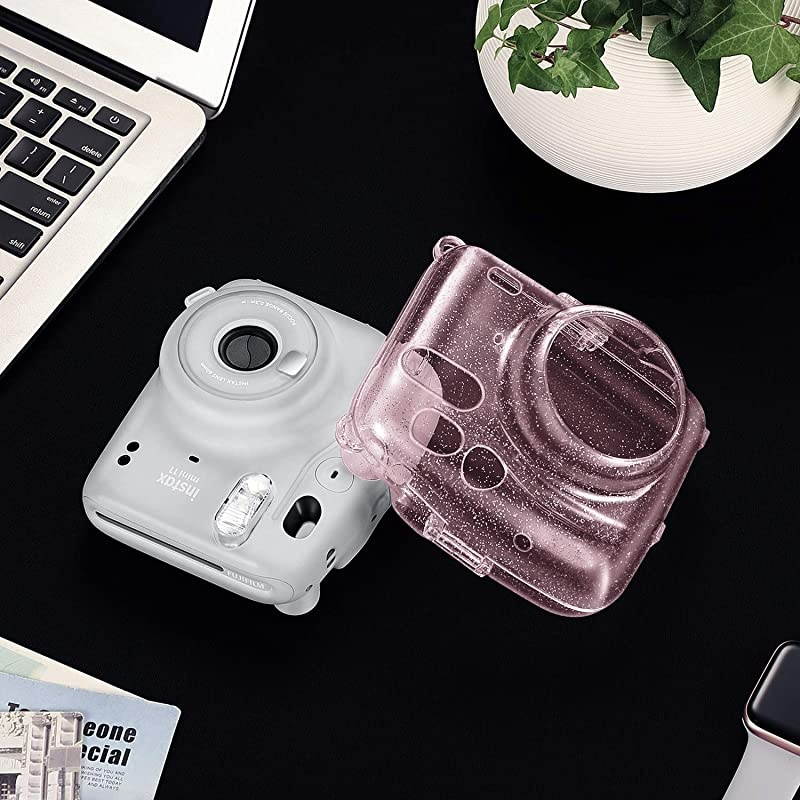 Protective Clear Case for Fujifilm Instax Mini 11 Instant Film Camera Crystal Hard PVC Cover with Removable Rainbow Shoulder Strap Glittering Pink