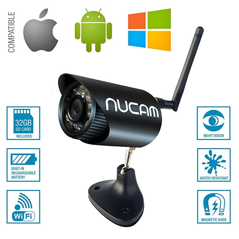 32GB Wireless Portable Magnetic Base Battery Powered RV/Trailer/Truck Hitch Backup Camera NuCam WR Surveillance IP Camera w. 1/4"-20 UNC Hole, Motion Detection Recording, Night Vision & Battery