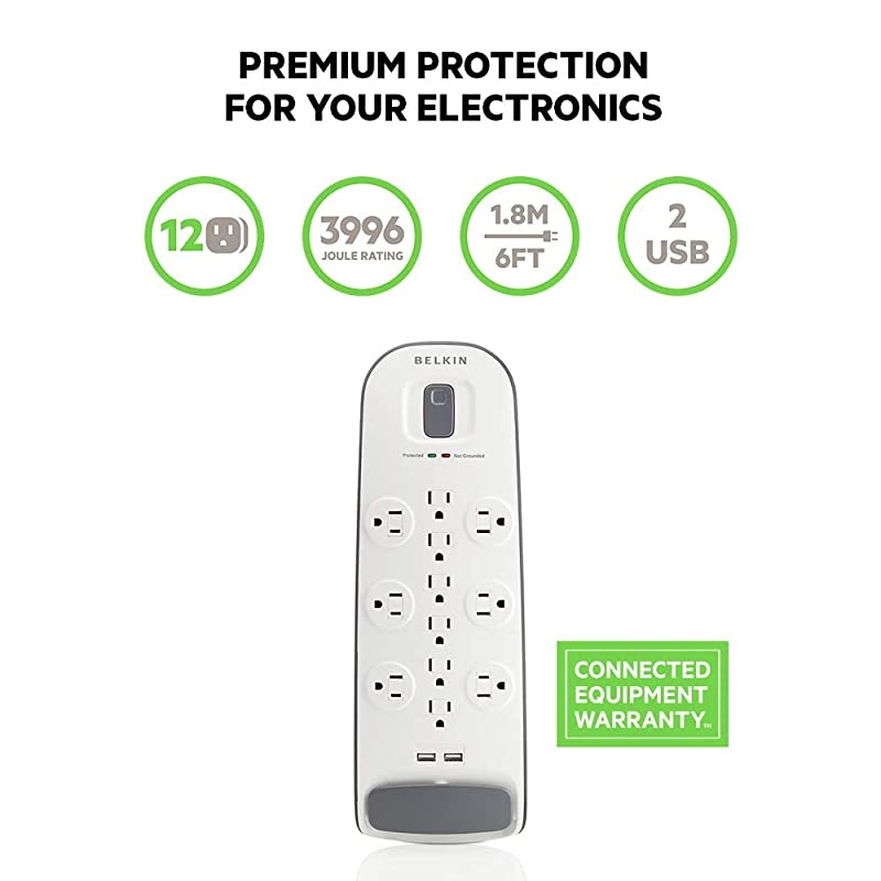 USB Power Strip Surge Protector - 12 AC Multiple Outlets & 2 USB Ports - 6 ft Long Flat Plug Extension Cord for Home, Office, Travel, Computer Desktop & Charging Brick - White (3,996 Joules)