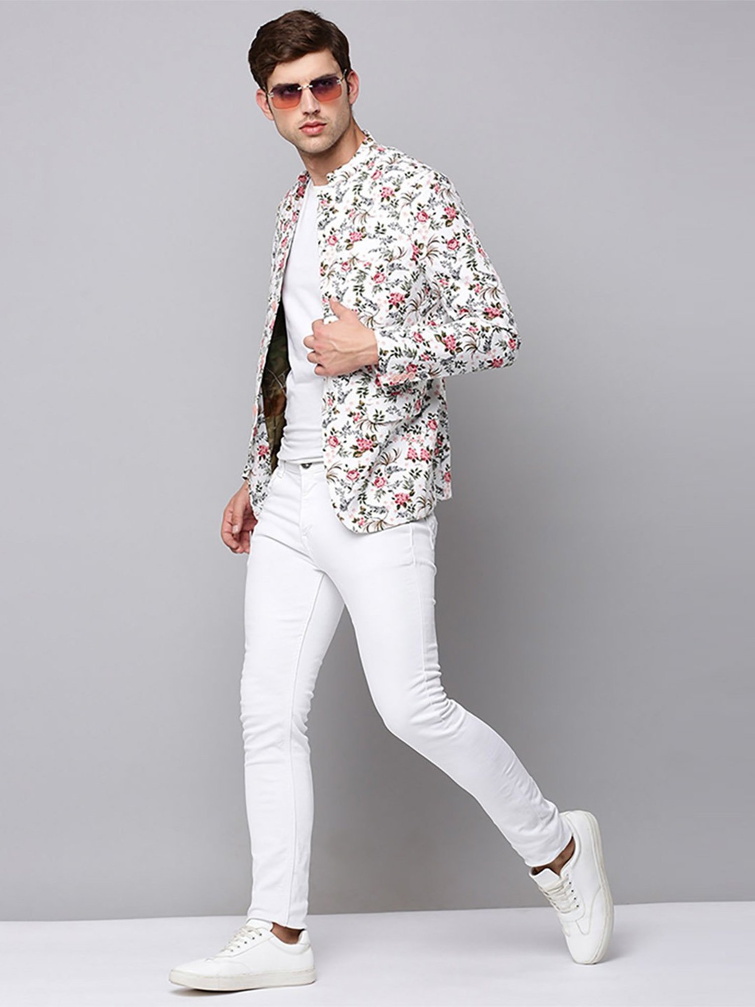 SHOWOFF White Cotton Slim Fit Floral Print Blazer