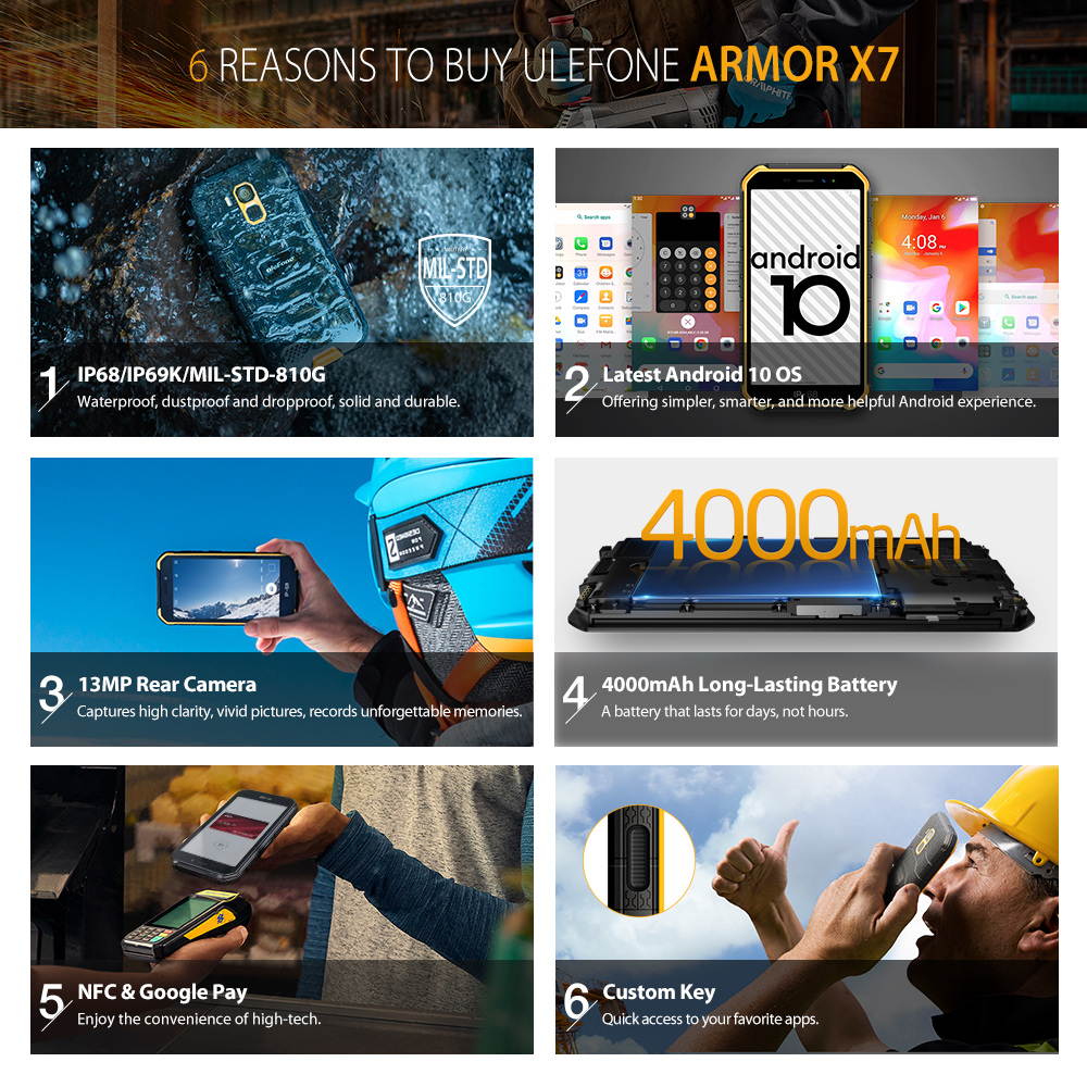 Ulefone Armor X7 Android 10 Rugged Phones, 13MP + 5MP Waterproof Cameras, IP68 Smartphone, NFC, OTG, 4G Dual Sim, 5.0 Inch Screen, 2G RAM 16GB ROM, 4000mAh Battery, GPS, Bluetooth, WIFI