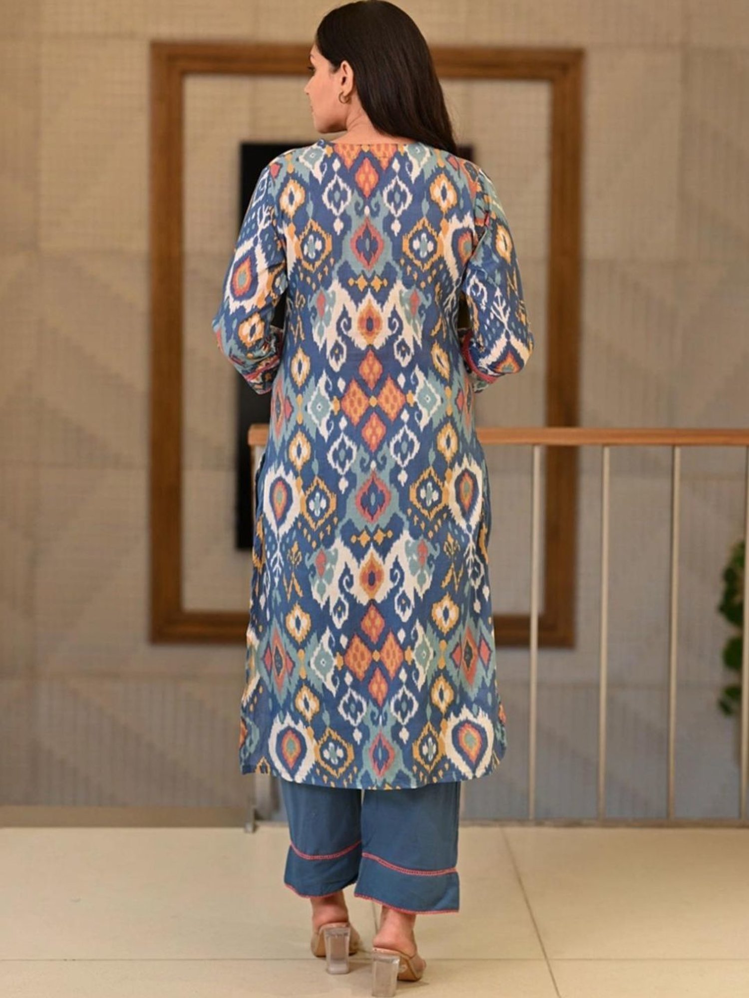 Mahee Jaipur Aegean Blue Ikkat Print Super Soft Cotton Kurta and Pant