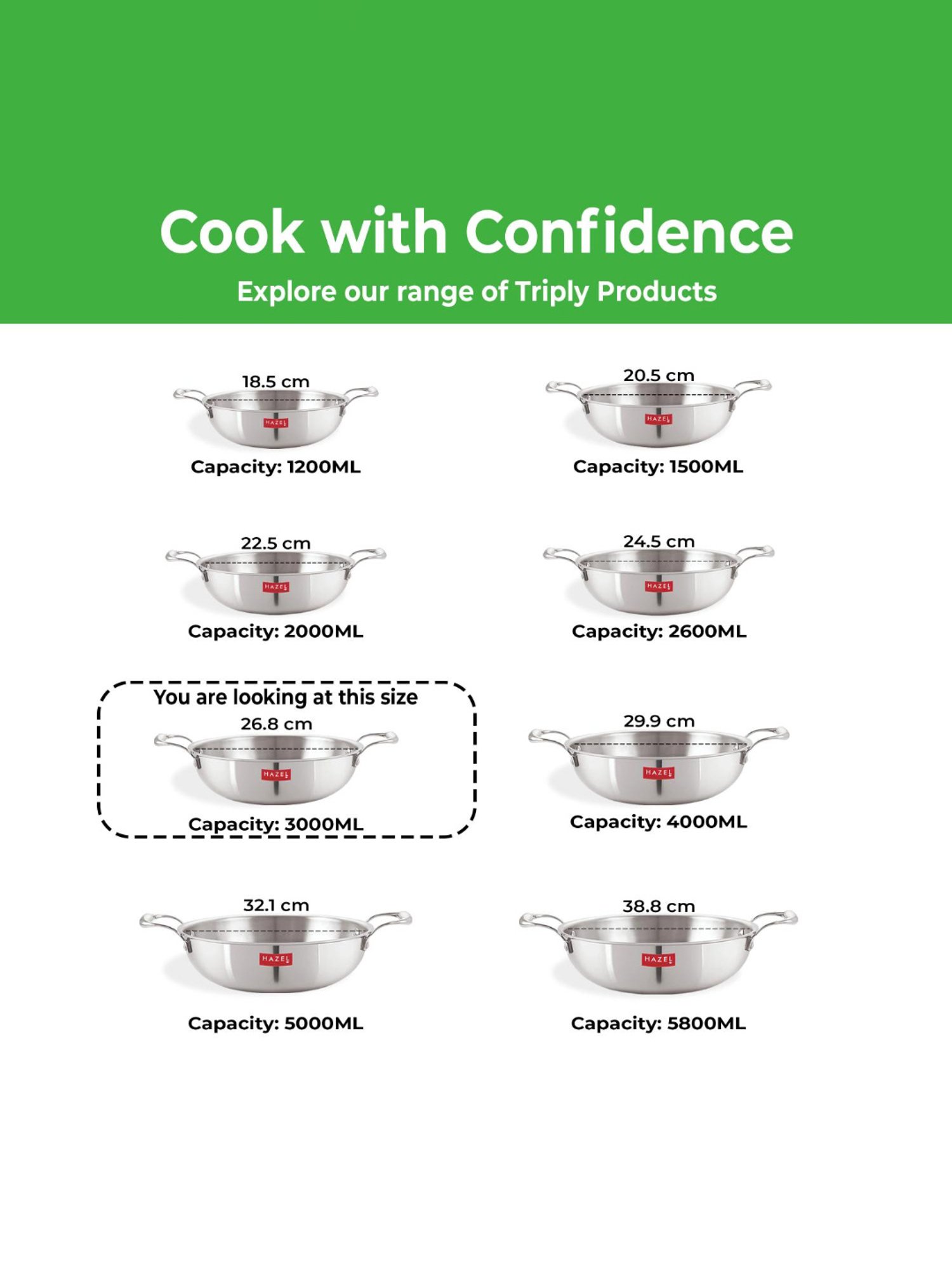 HAZEL Triply Stainless Steel Induction Bottom Kadhai With Stainless Steel Lid, 3 Litre, 26.8 cm