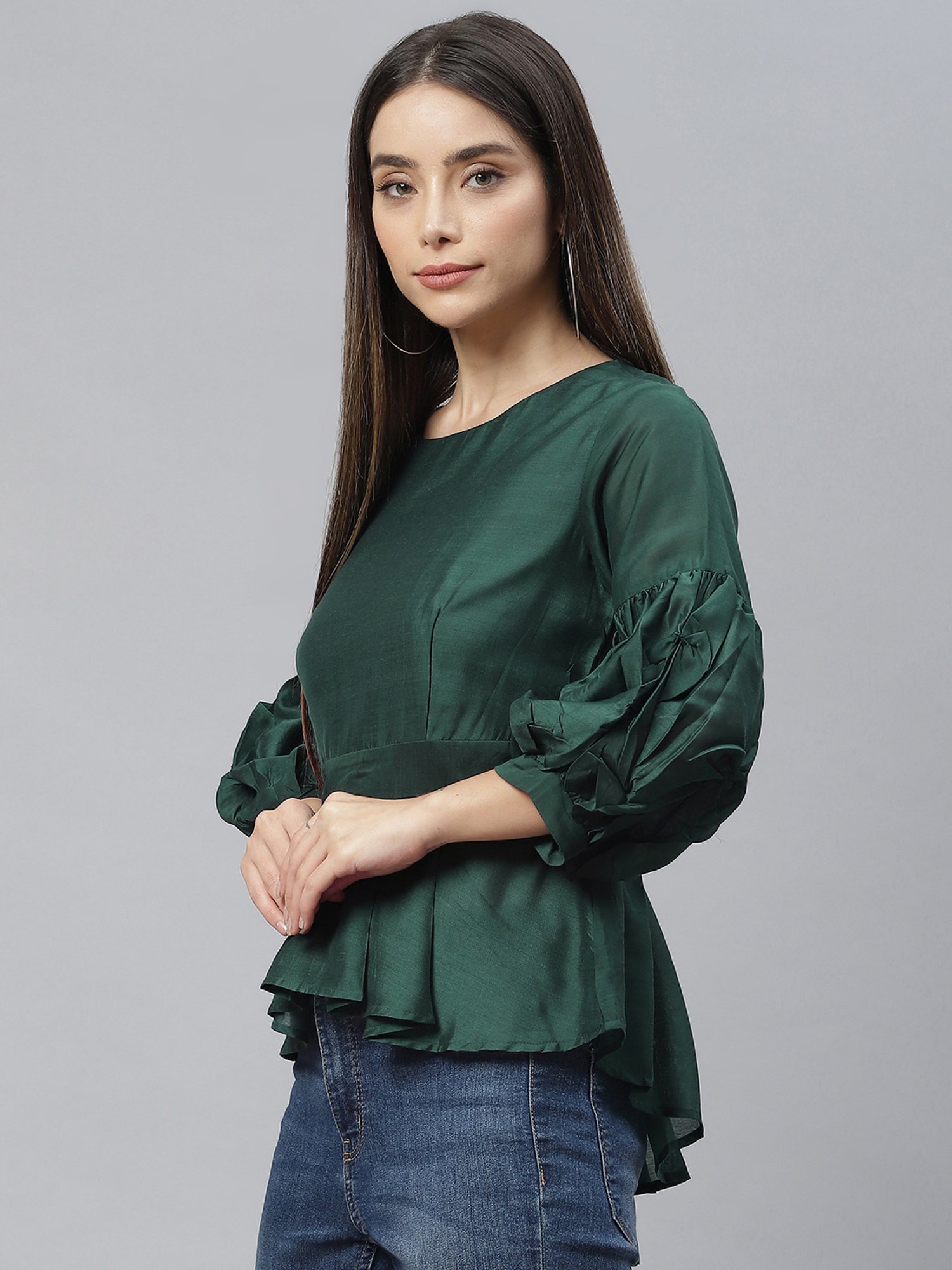 Cottinfab Green Regular Fit Peplum Top