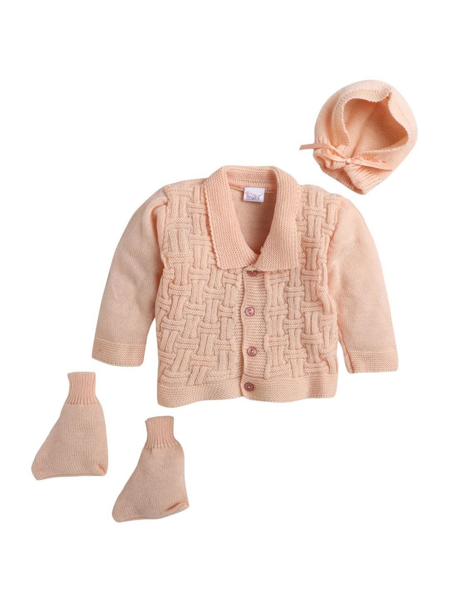 Little Angels Kids Peach Textured Pattern Full Sleeves Sweater Set