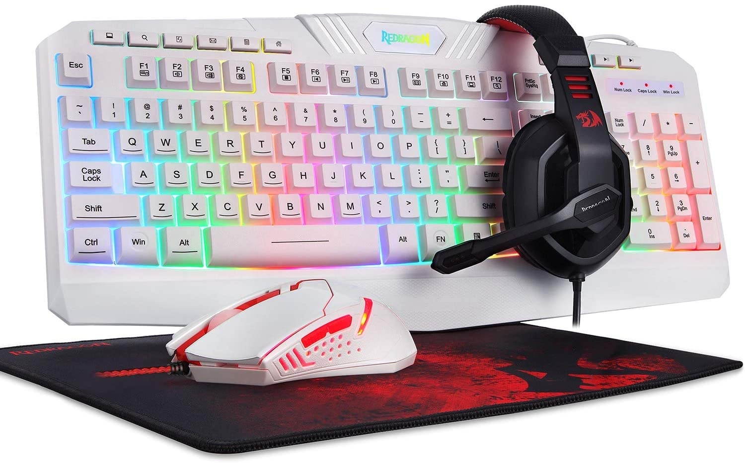 S101 Wired RGB Backlit Gaming Keyboard and Mouse Gaming Mouse Pad Gaming Headset Combo All in ONE PC Gamer Bundle for Windows PC ?C (White)
