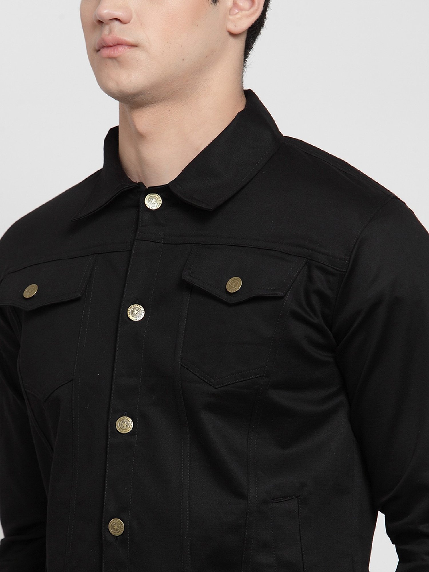 VOXATI Black Full Sleeves Shirt Collar Denim Jacket
