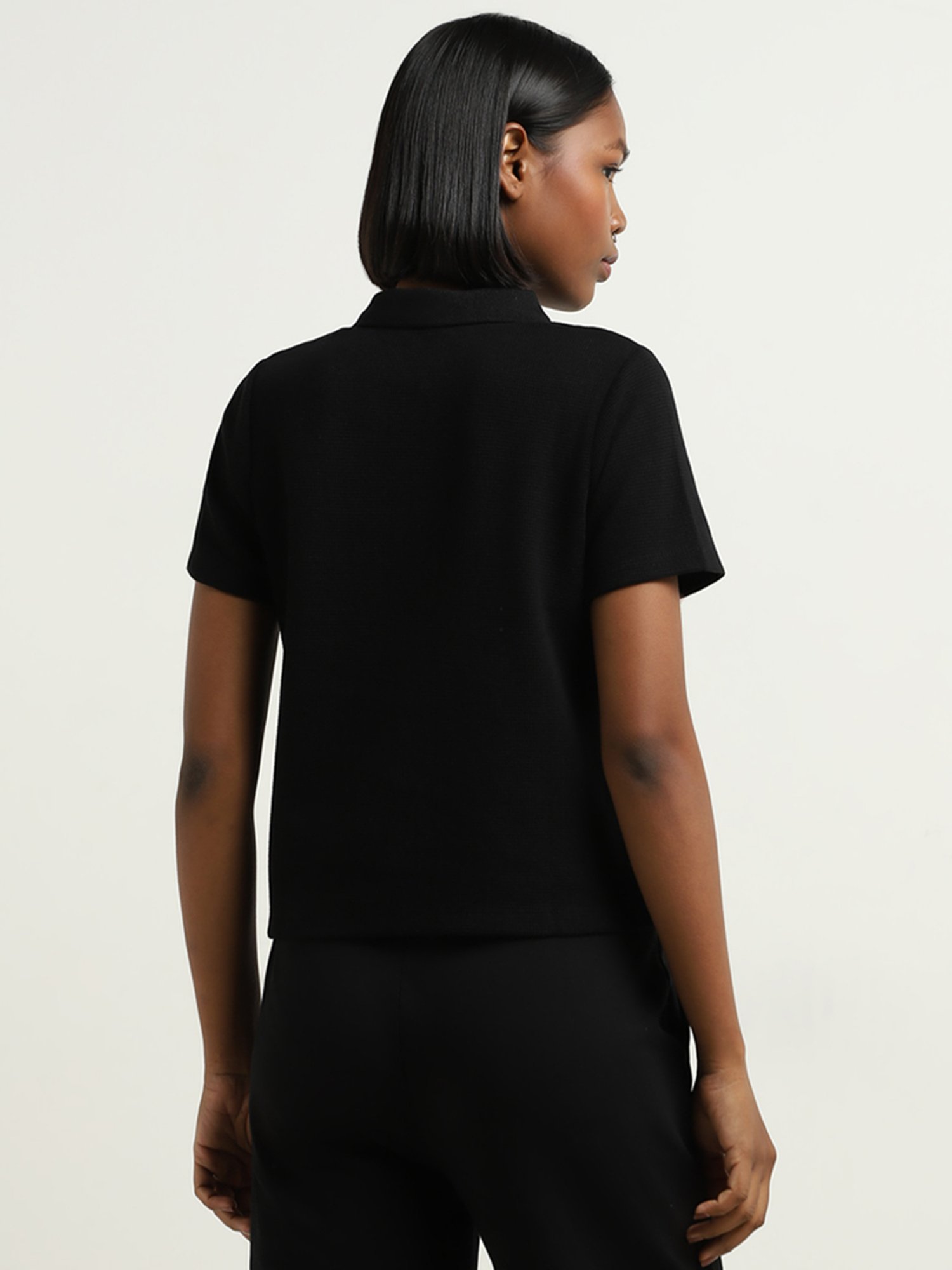 Studiofit by Westside Black Waffle-Textured Cotton Polo T-Shirt