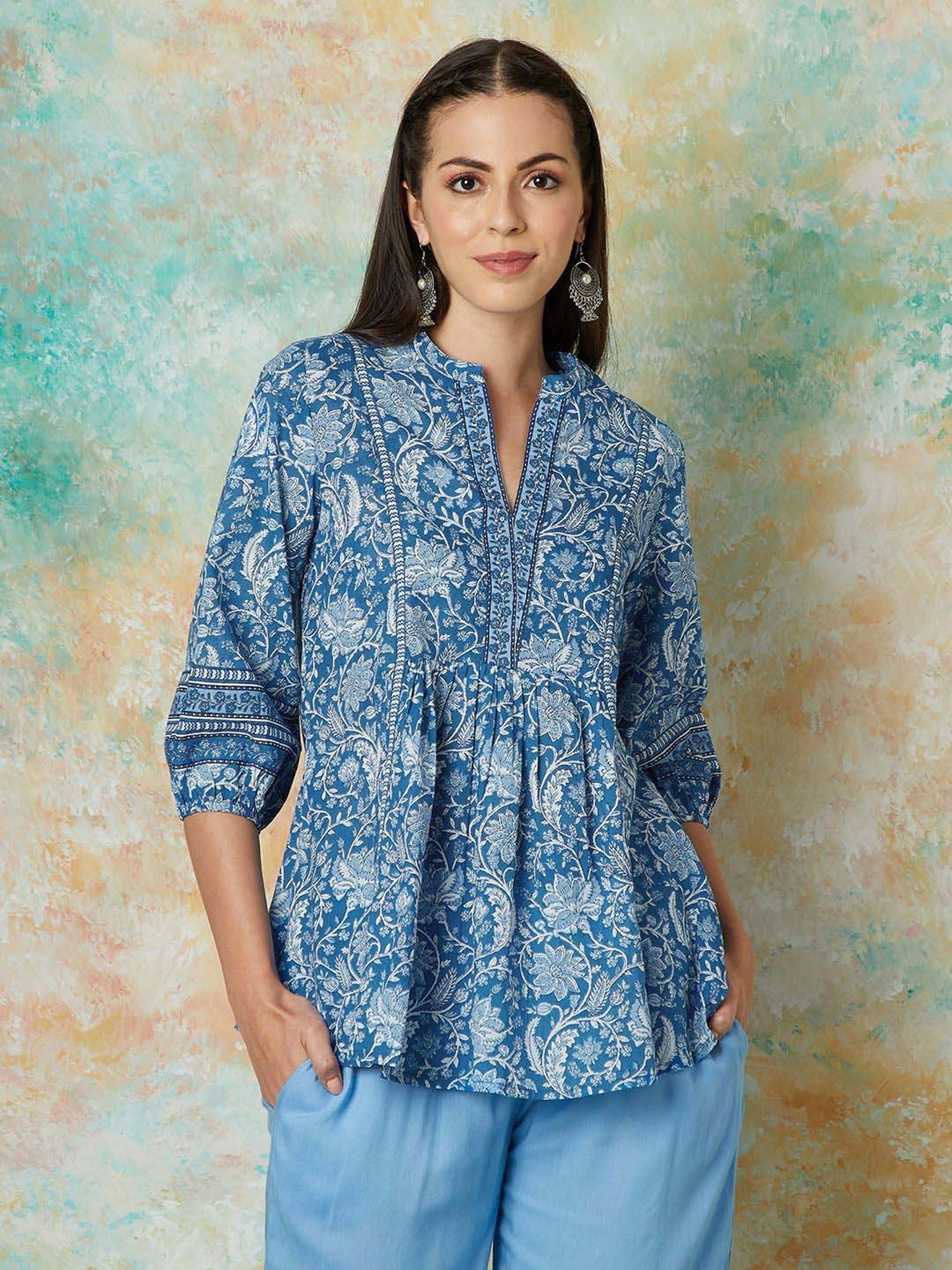 Melange by Lifestyle Blue Cotton Floral Print Tunic