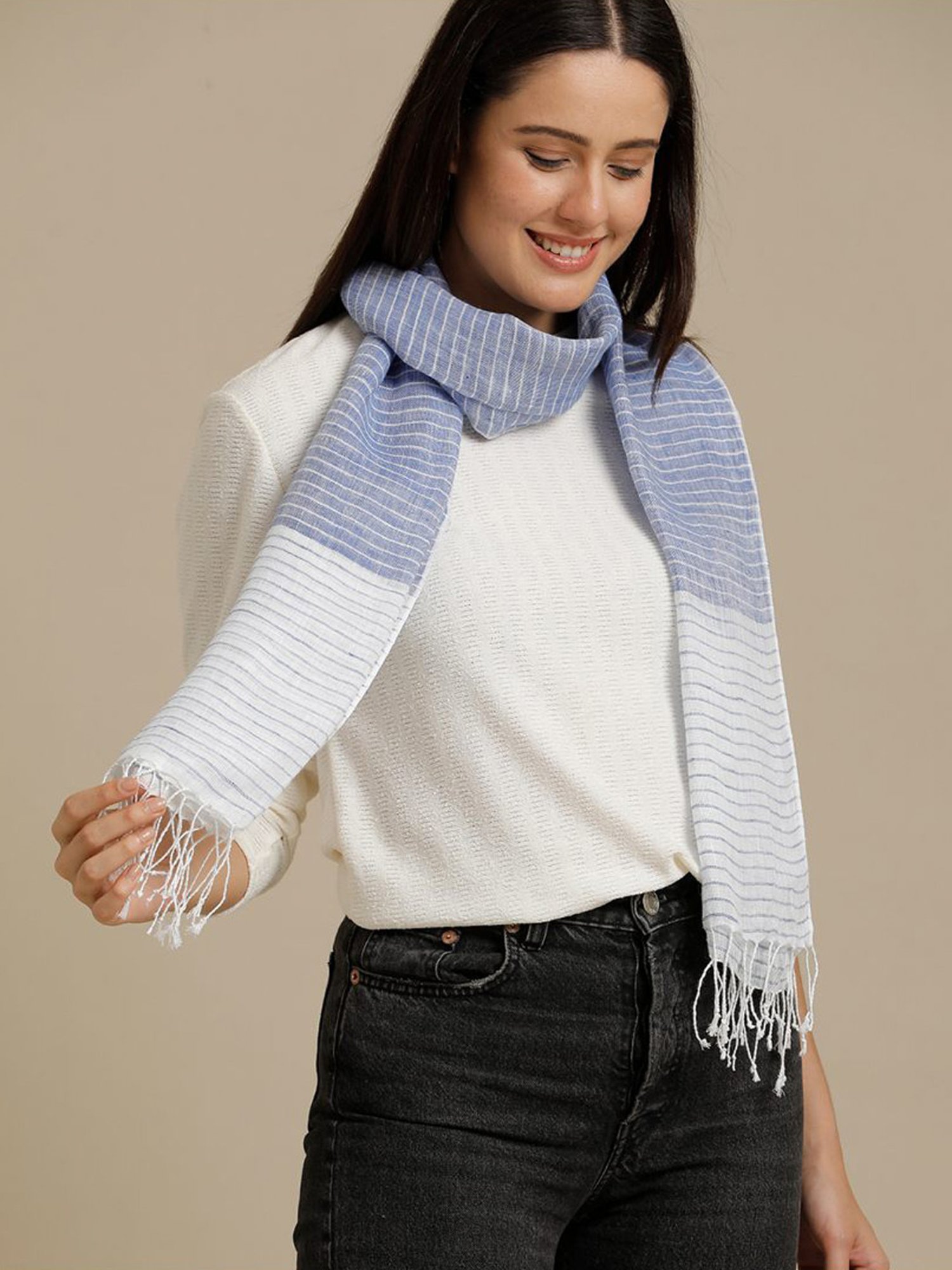 Linen Club Blue Striped Pure Linen Stole