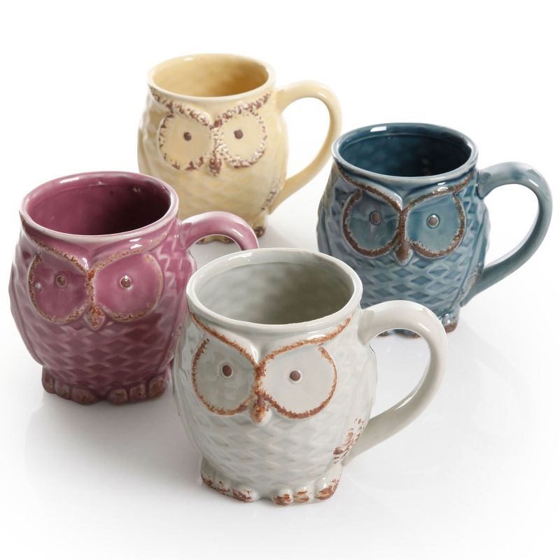 Gibson 4 Piece Nocturnal Gaze 18 Ounce Stoneware Owl Mug Set in Assorted Colors