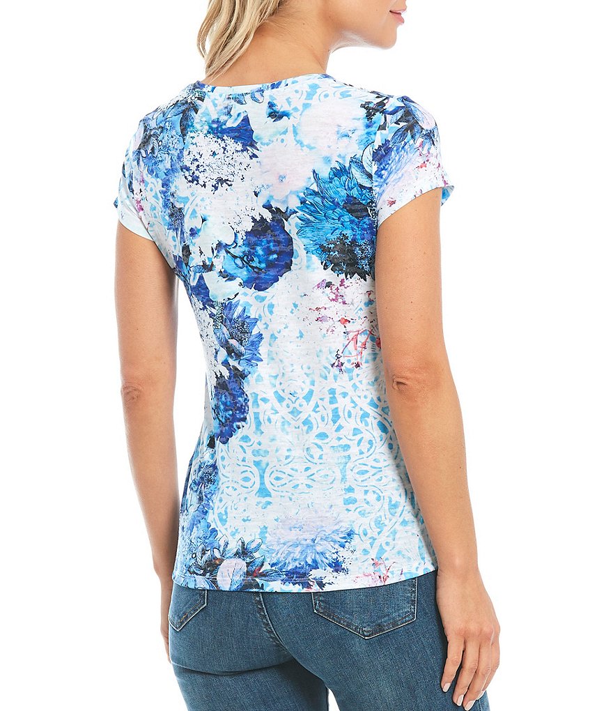 Reba Stud Printed Jewel Neck Short Sleeve Tee
