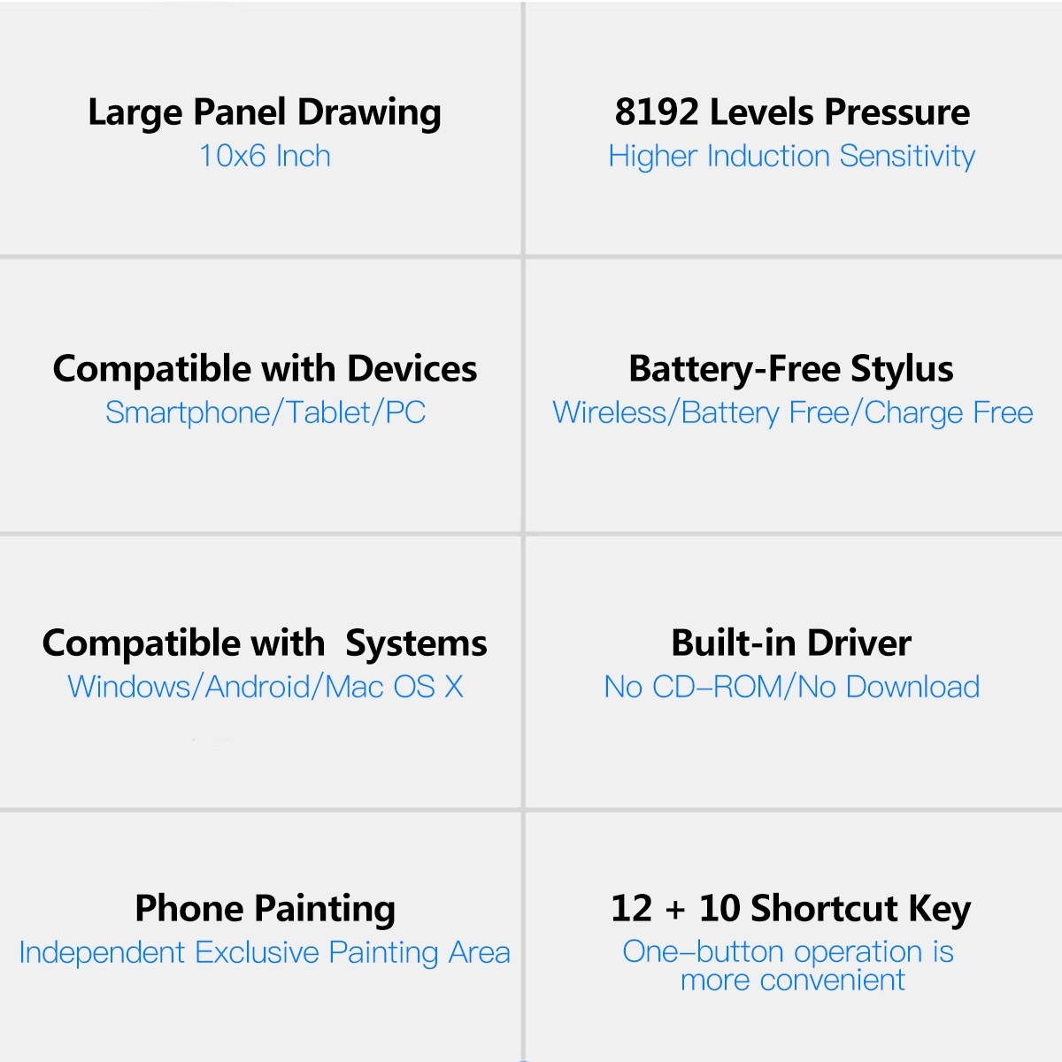 10x6 Inch Professional Graphics Drawing Tablet 12 Express Keys with 8192 Levels Battery-Free Stylus/30pcs Nibs/Pen Clip/2pcs OTG Cable/Copy Film/Hand Feeling Film/Protective Bag/Glove Support