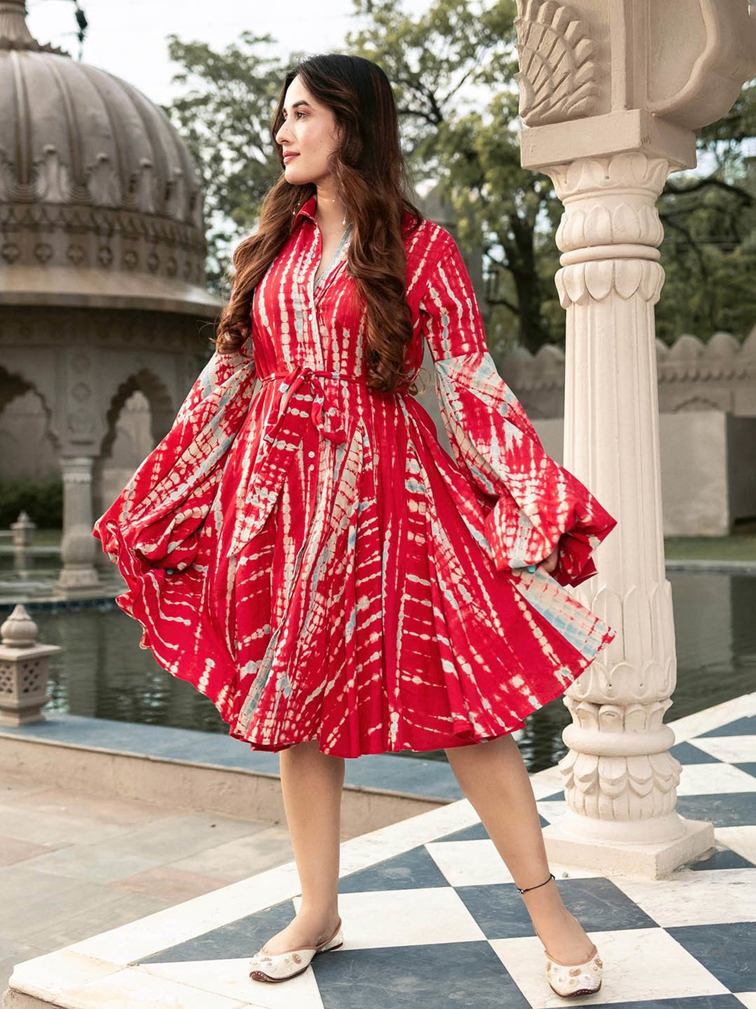 AACHHO Red Surkh Shibori Cotton Dress
