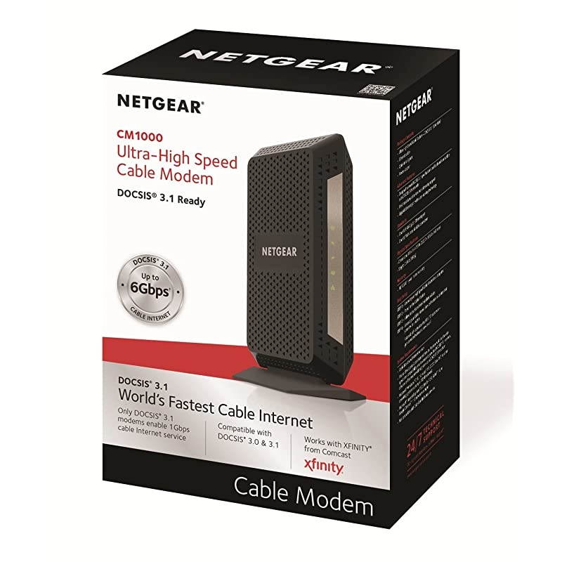 DOCSIS 3.1 Gigabit Cable Modem. Max download speeds of 6.0 Gbps, For XFINITY by Comcast, Spectrum, and Cox. Compatible with Gig-Speed from Xfinity (CM1000)