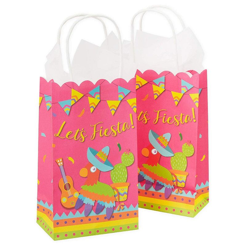 Blue Panda 24-Pack "Let's Fiesta" Scalloped Medium Gift Bags with Handles Party Supplies Celebrations 9x5.3 in