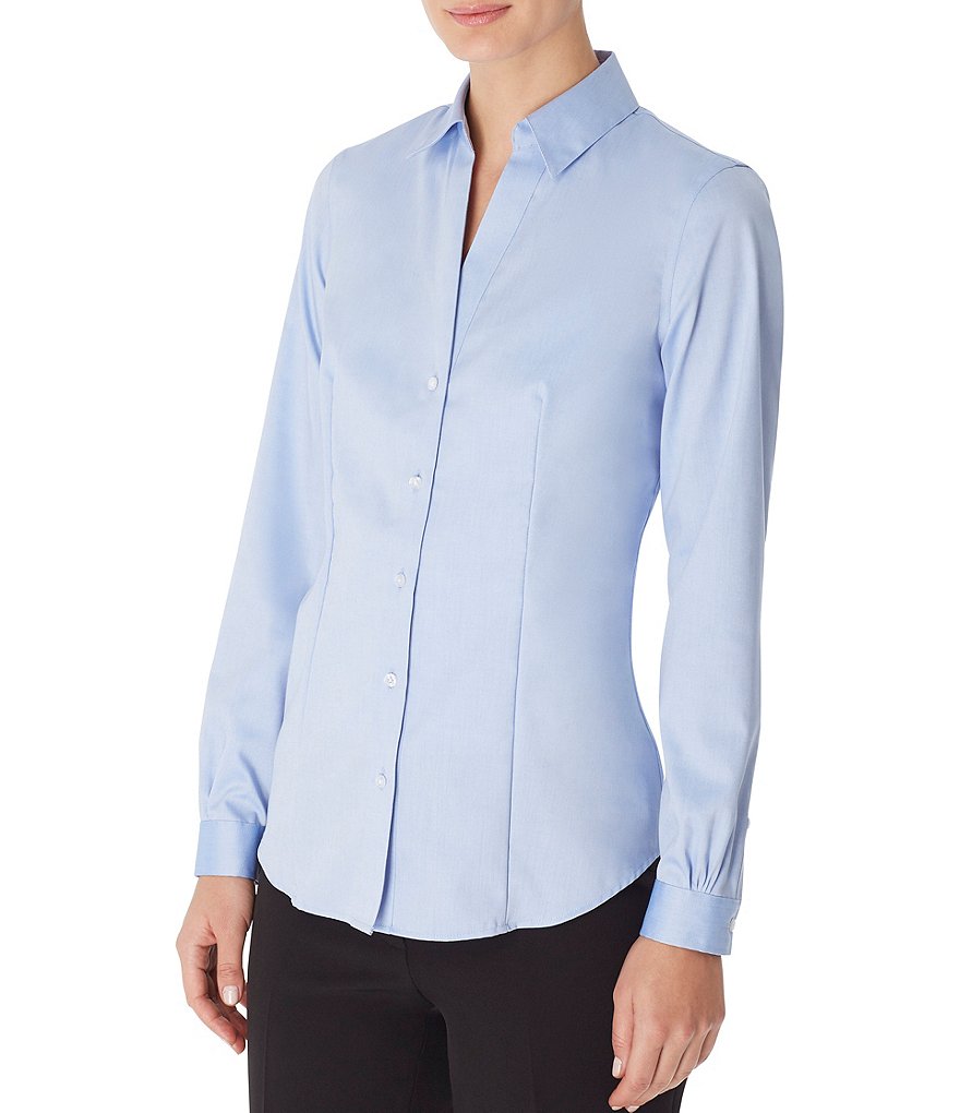 Jones New York Easy-Care Cotton Long Sleeve Point Collar Neck Button-Front Shirt