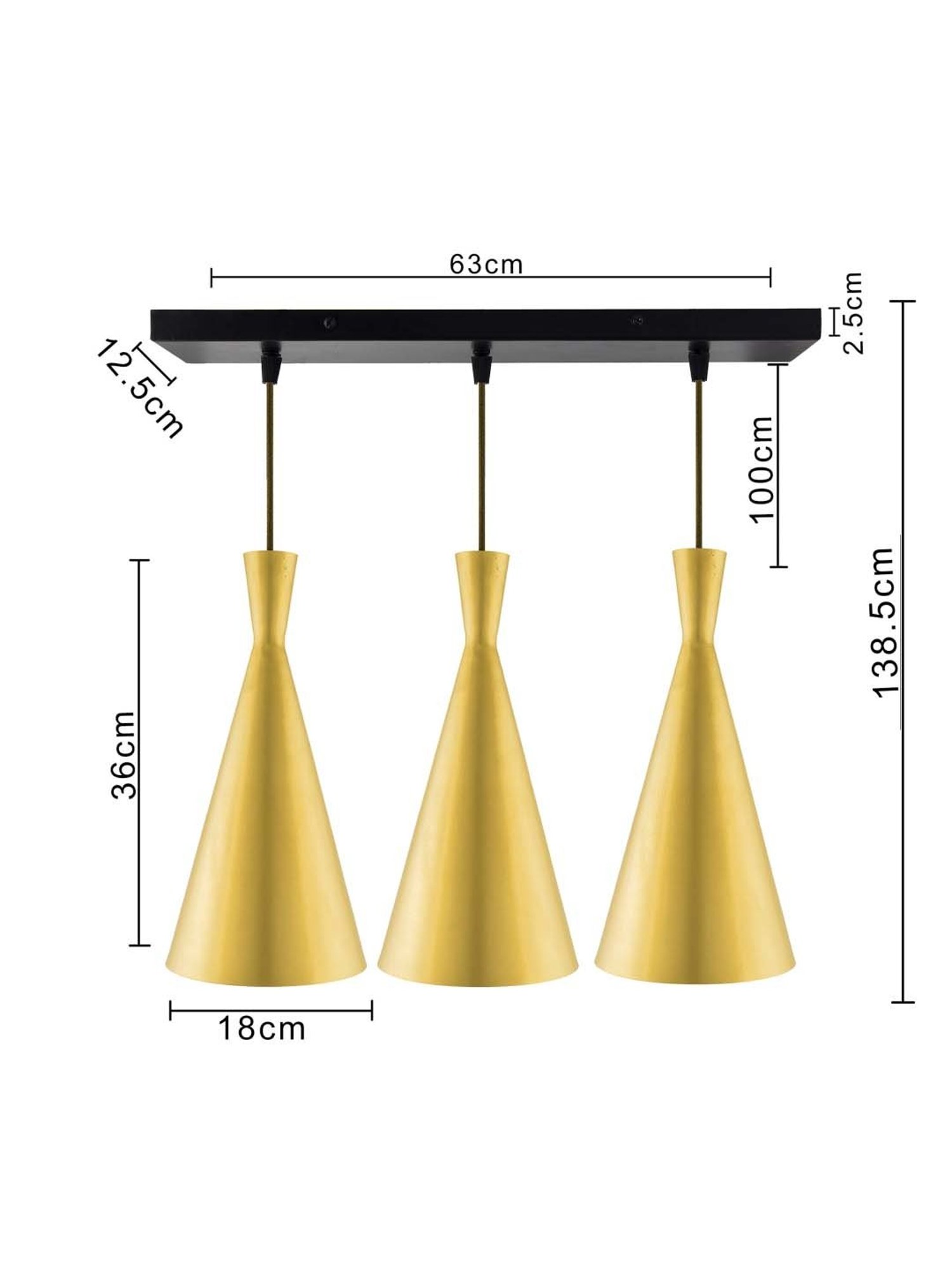 Homesake 3-Lights Linear Cluster Golden Metal Modern Inverted Cone Pendant Light - Set of 1