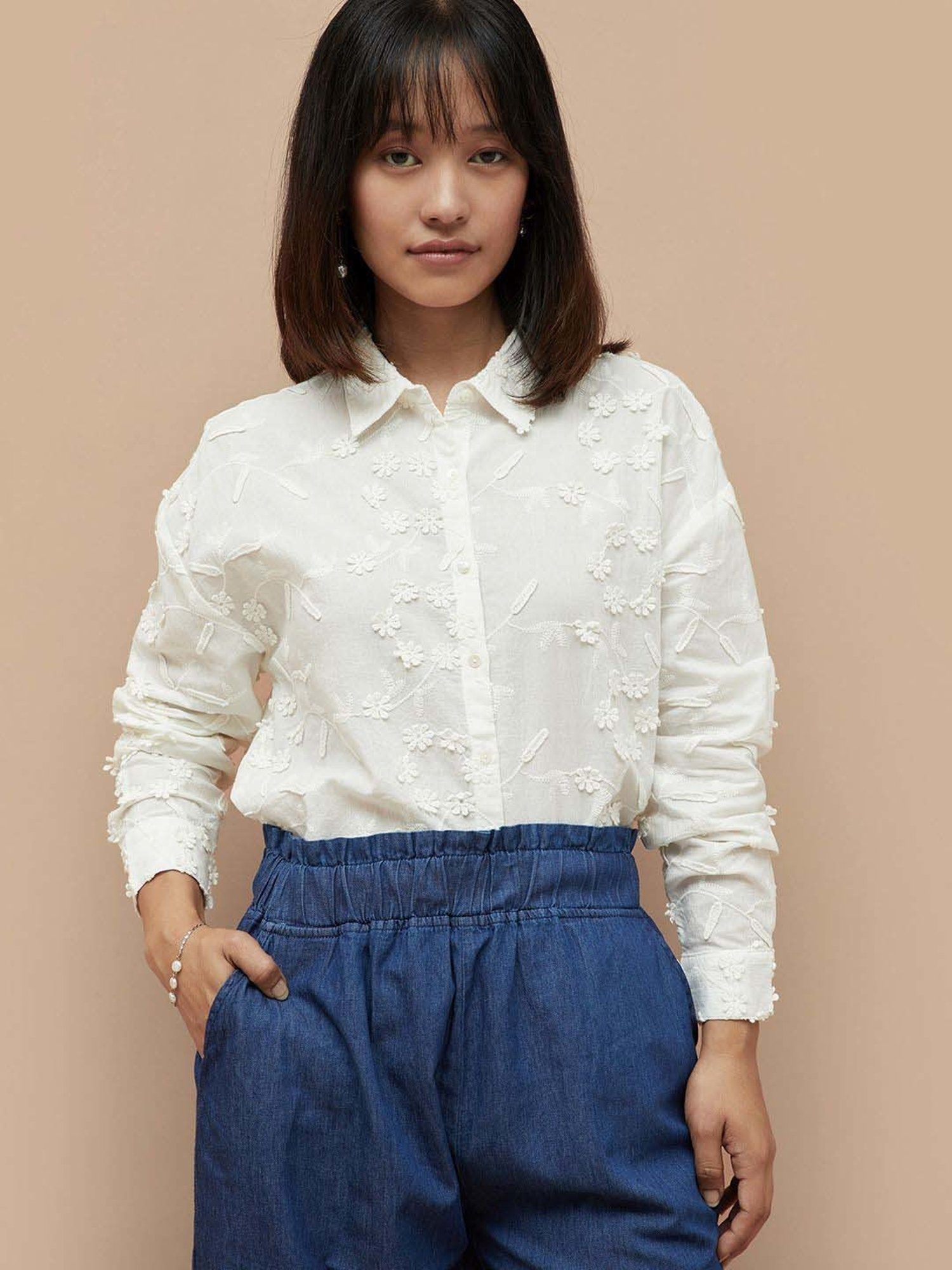 Colour Me by Melange White Cotton Embroidered Shirt