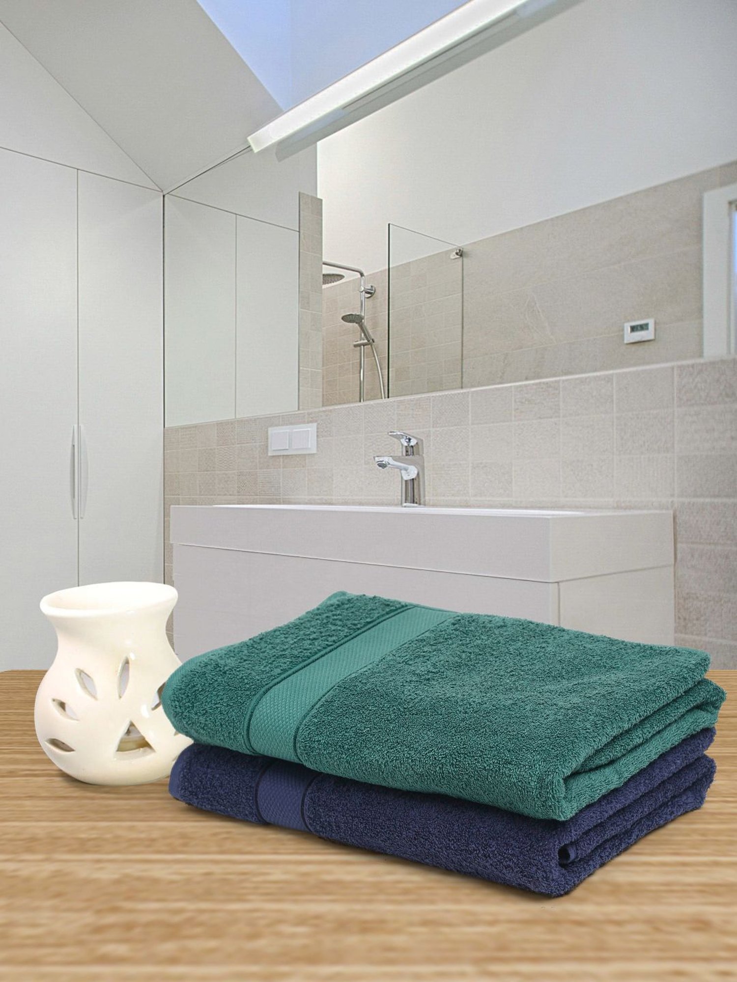 Creeva Navy & Dark Green 525 GSM Cotton Bath Towel Set of 2