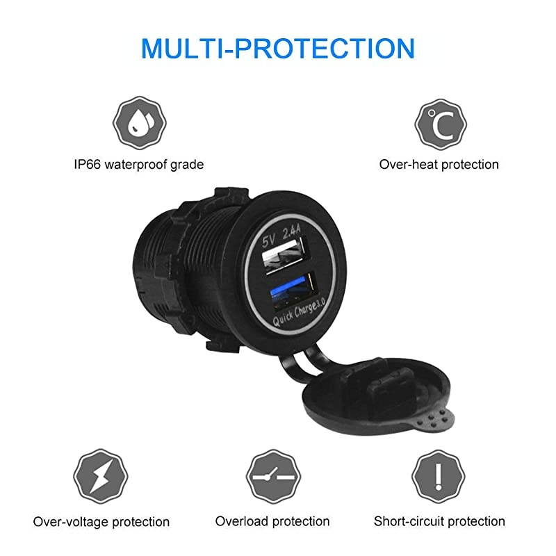 USB Charger Socket Power Outlet - Quick Charge 3.0 & 2.4A Port for Car Boat Marine Rv Mobile with Wire Fuse DIY Kit (QC 3.0 - Green)