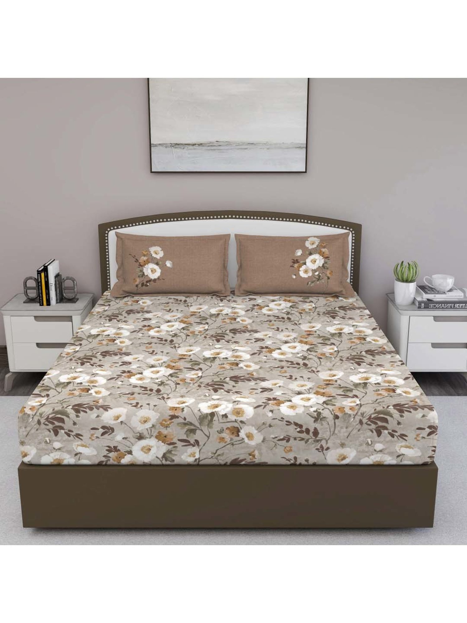 GM 'Fiesta' Brown Cotton 180 TC Double Bedsheet with 2 Pillow Covers