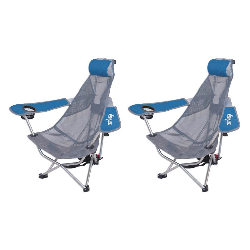 Kelsyus 80403 Mesh Folding Portable Backpack Beach Chair with Headrest and Strap, Blue and Gray (2 Pack)