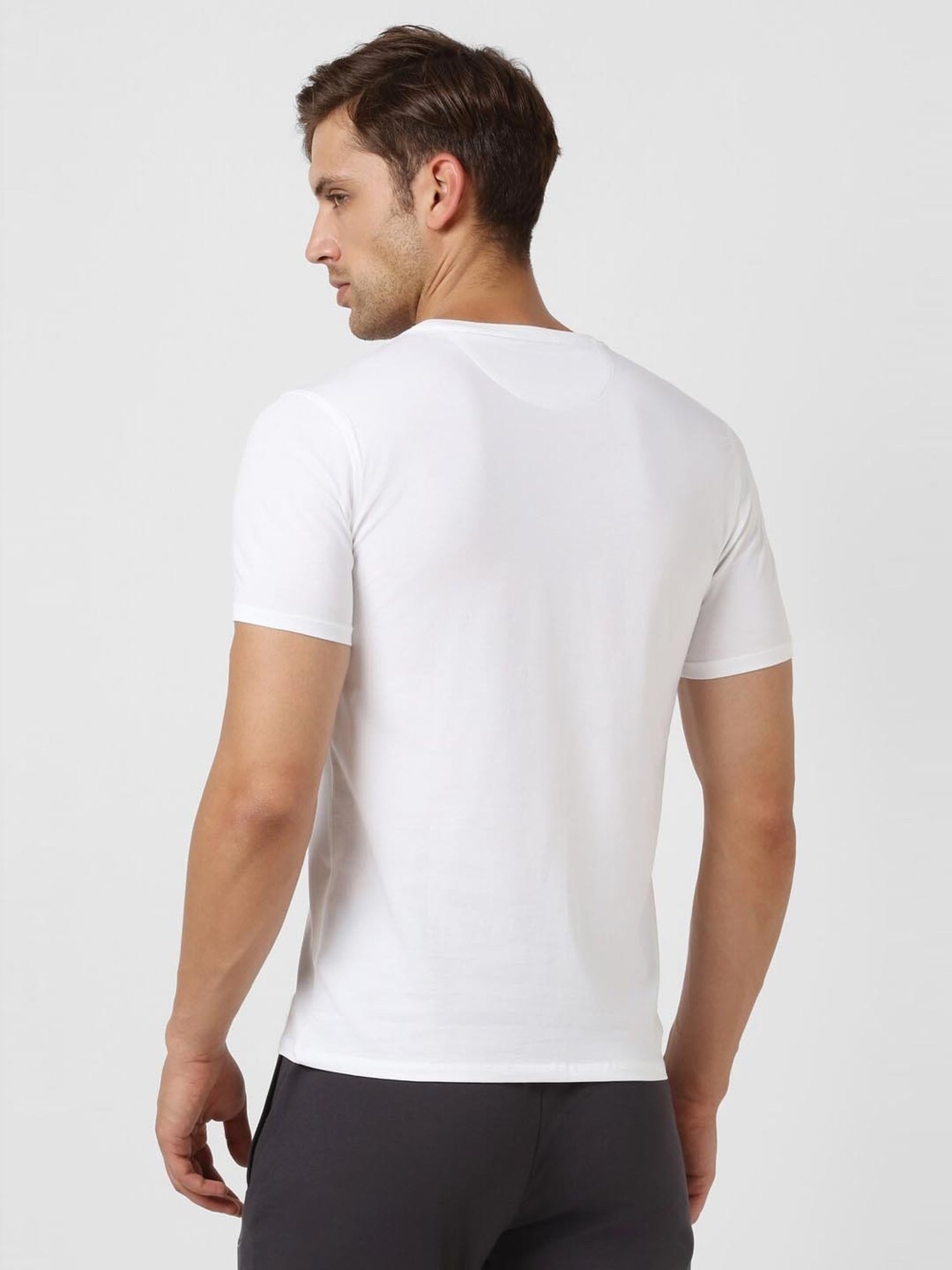 V Dot White Cotton Slim Fit Printed T-Shirt