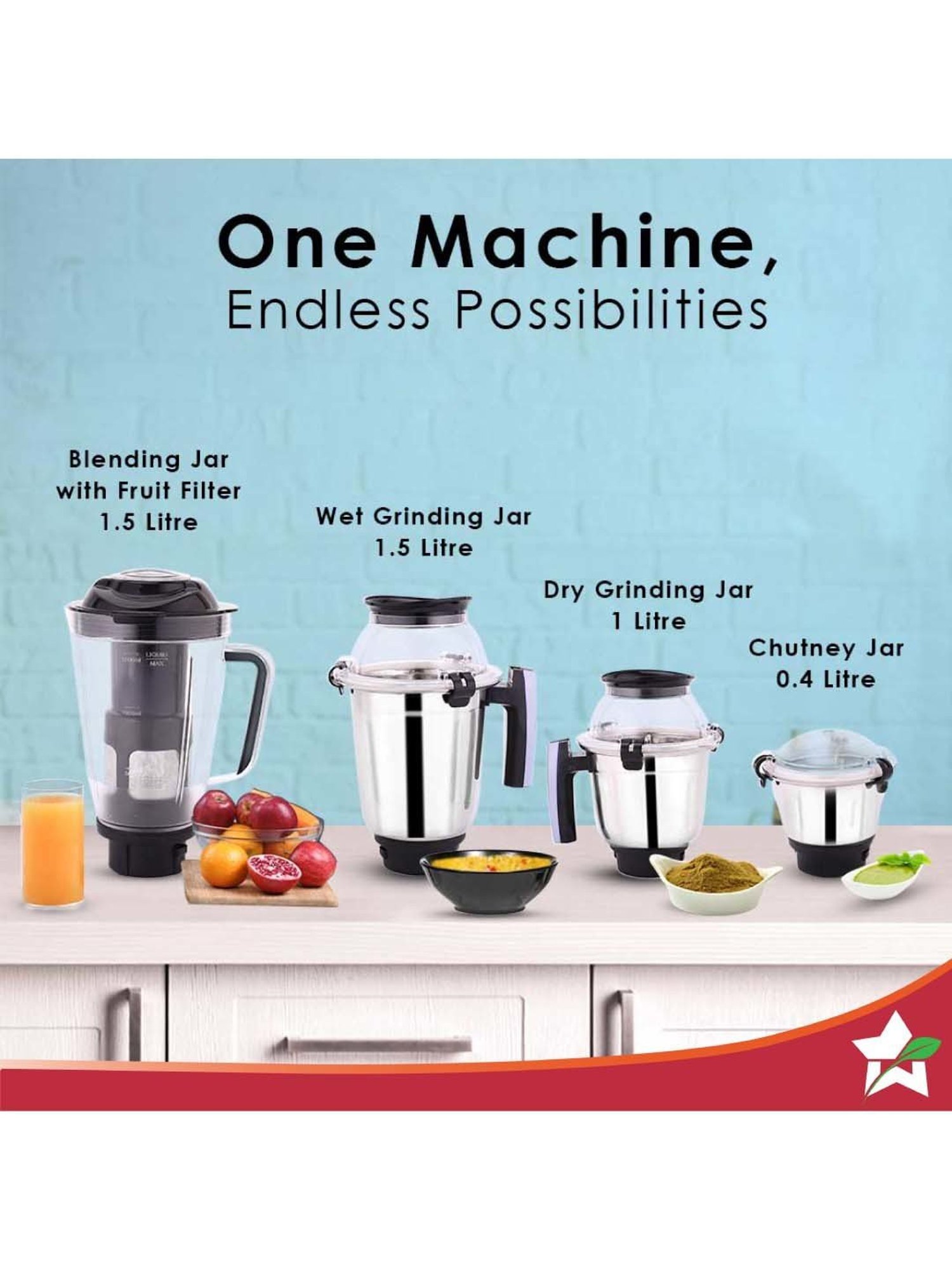 Wonderchef Galaxy Mixer Grinder 750W Copper Motor with 4 SS Jars Black & Grey,5-Year Warranty