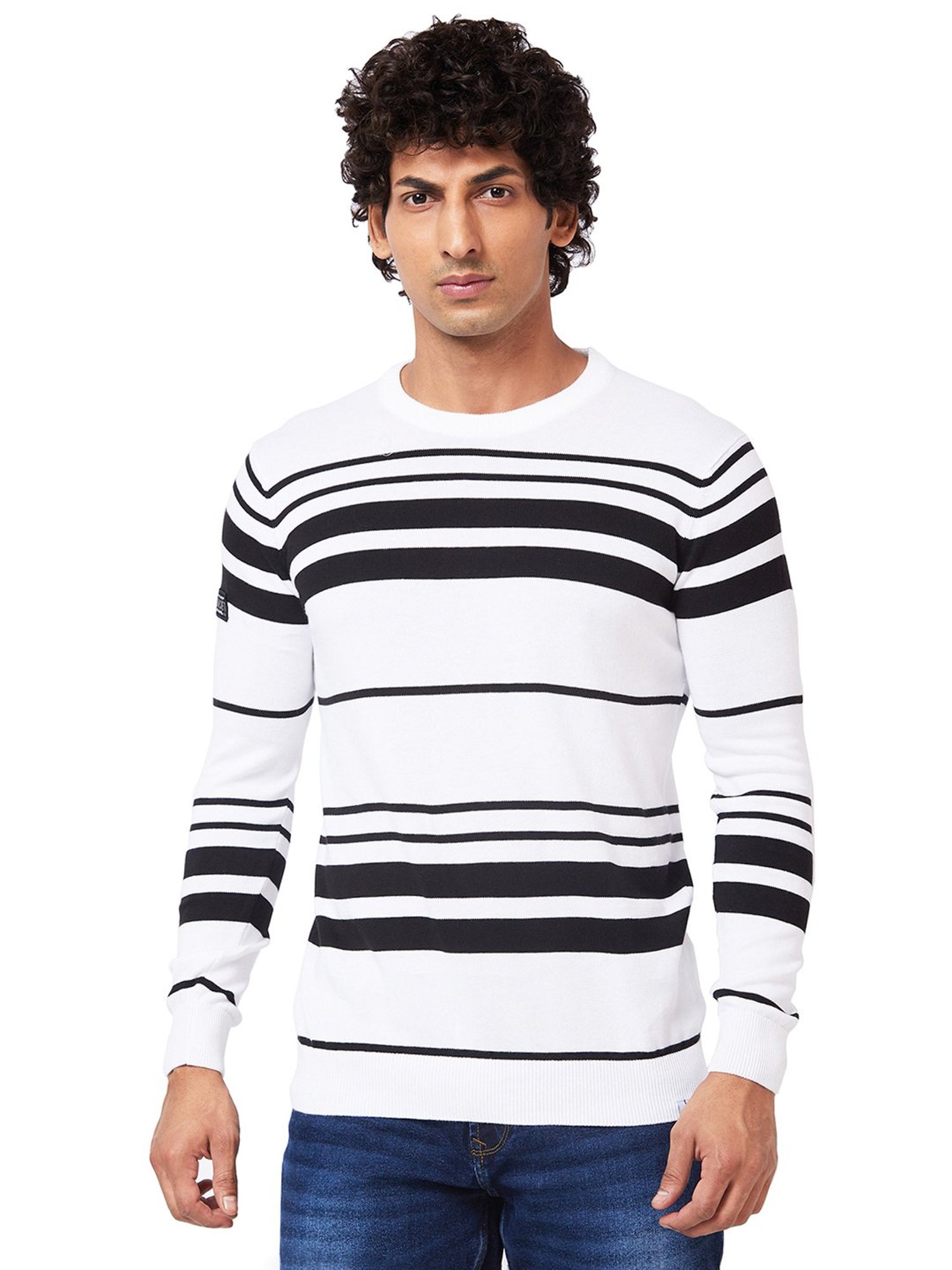 Spykar White Regular Fit Striped Sweater