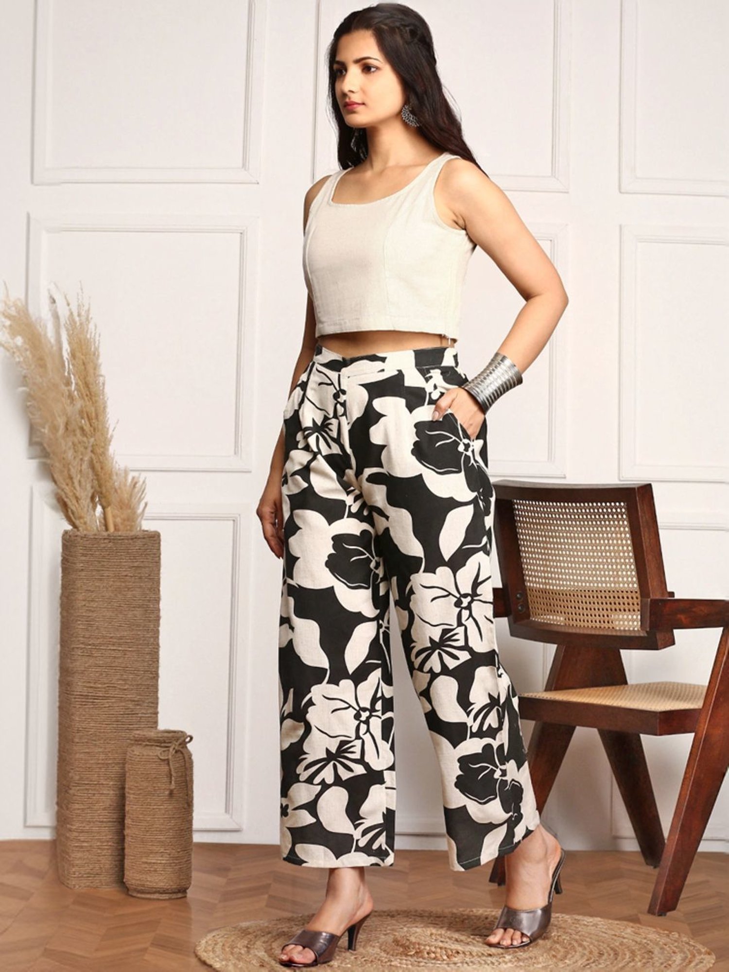 Ishin Black & White Floral Print Top & Palazzo Set with Jacket