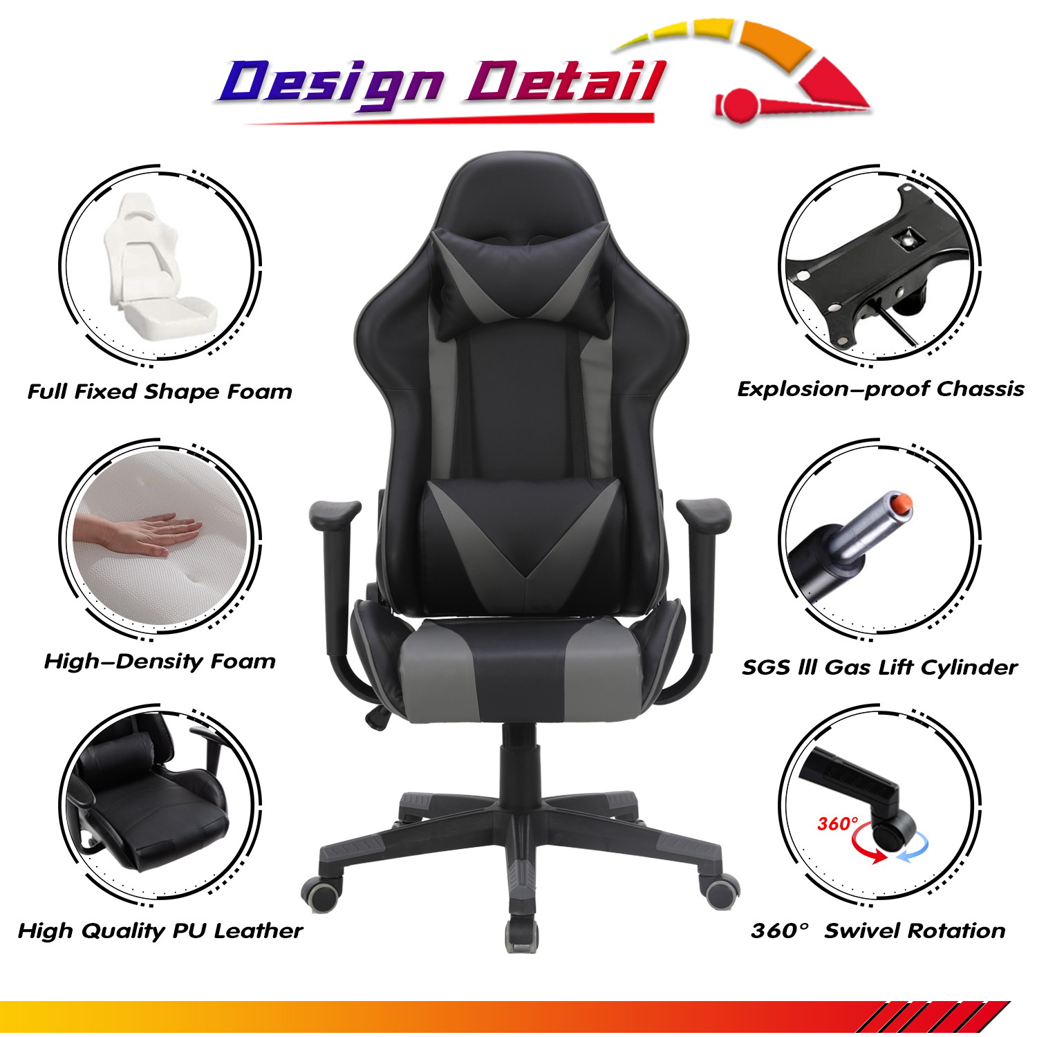 Racing Style Ergonomic Computer Gaming Chair Massage Chair with High-Back Swivel PU Leather, Seat Height Adjustable, and Lumbar & Head Support